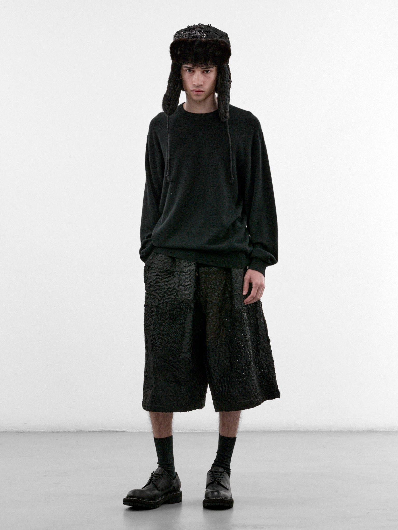 Black Silk Patchwork Bermuda Shorts (230181W-BLACK)