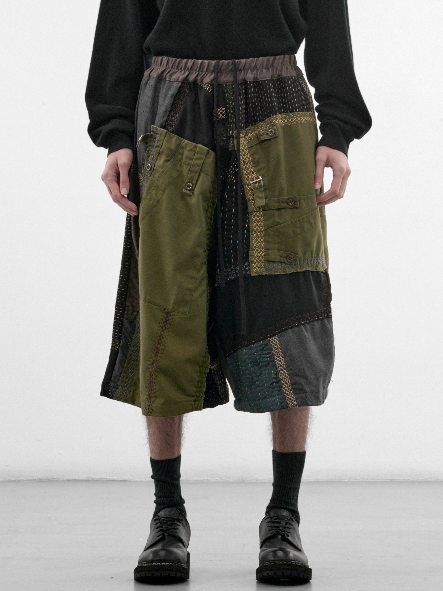 Dark Green Linen Patchwork Shorts (231482M-DARK-GREEN-MULTI)