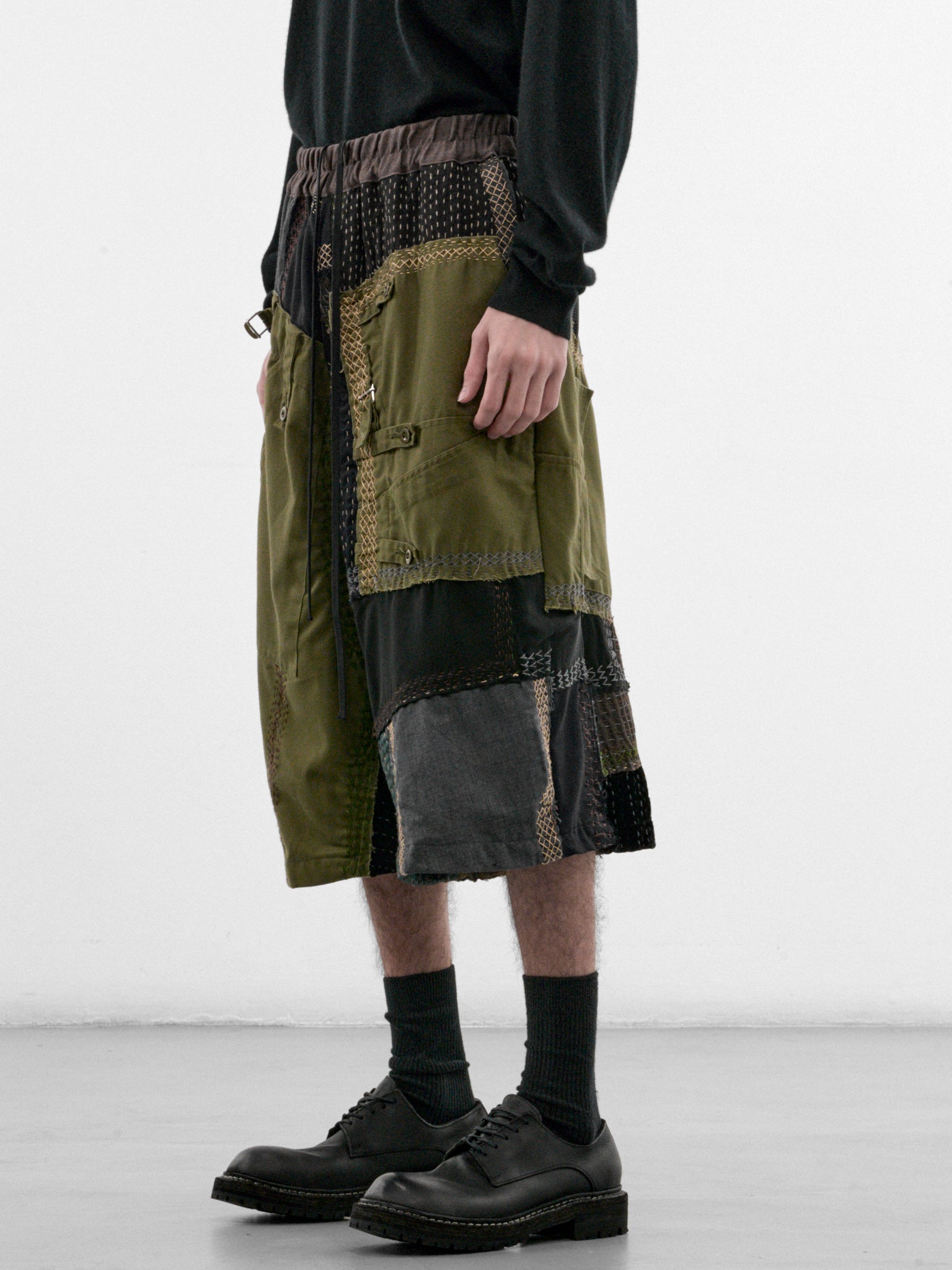 Dark Green Linen Patchwork Shorts (231482M-DARK-GREEN-MULTI)