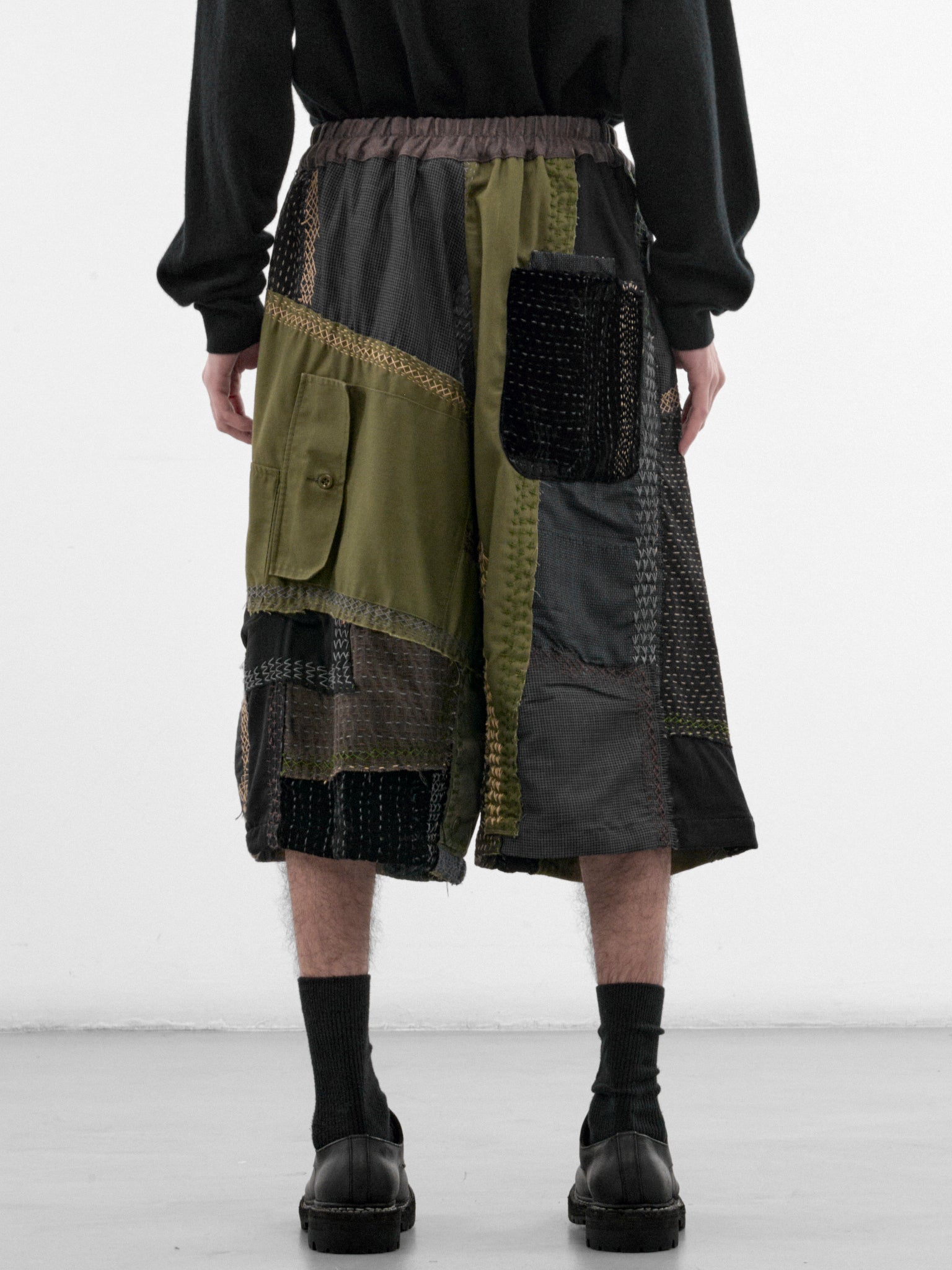 Dark Green Linen Patchwork Shorts (231482M-DARK-GREEN-MULTI)