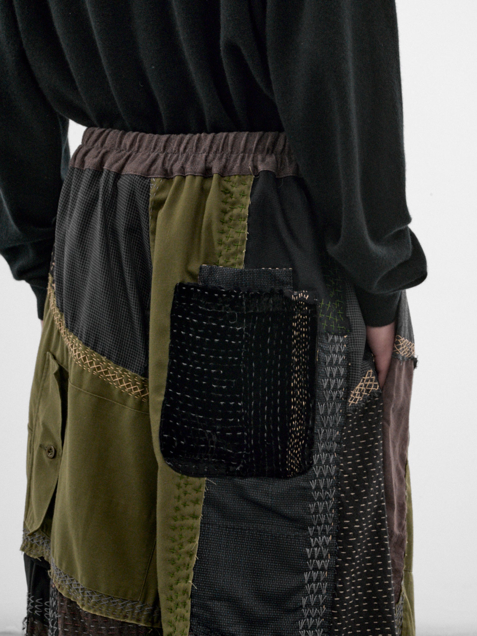 Dark Green Linen Patchwork Shorts (231482M-DARK-GREEN-MULTI)
