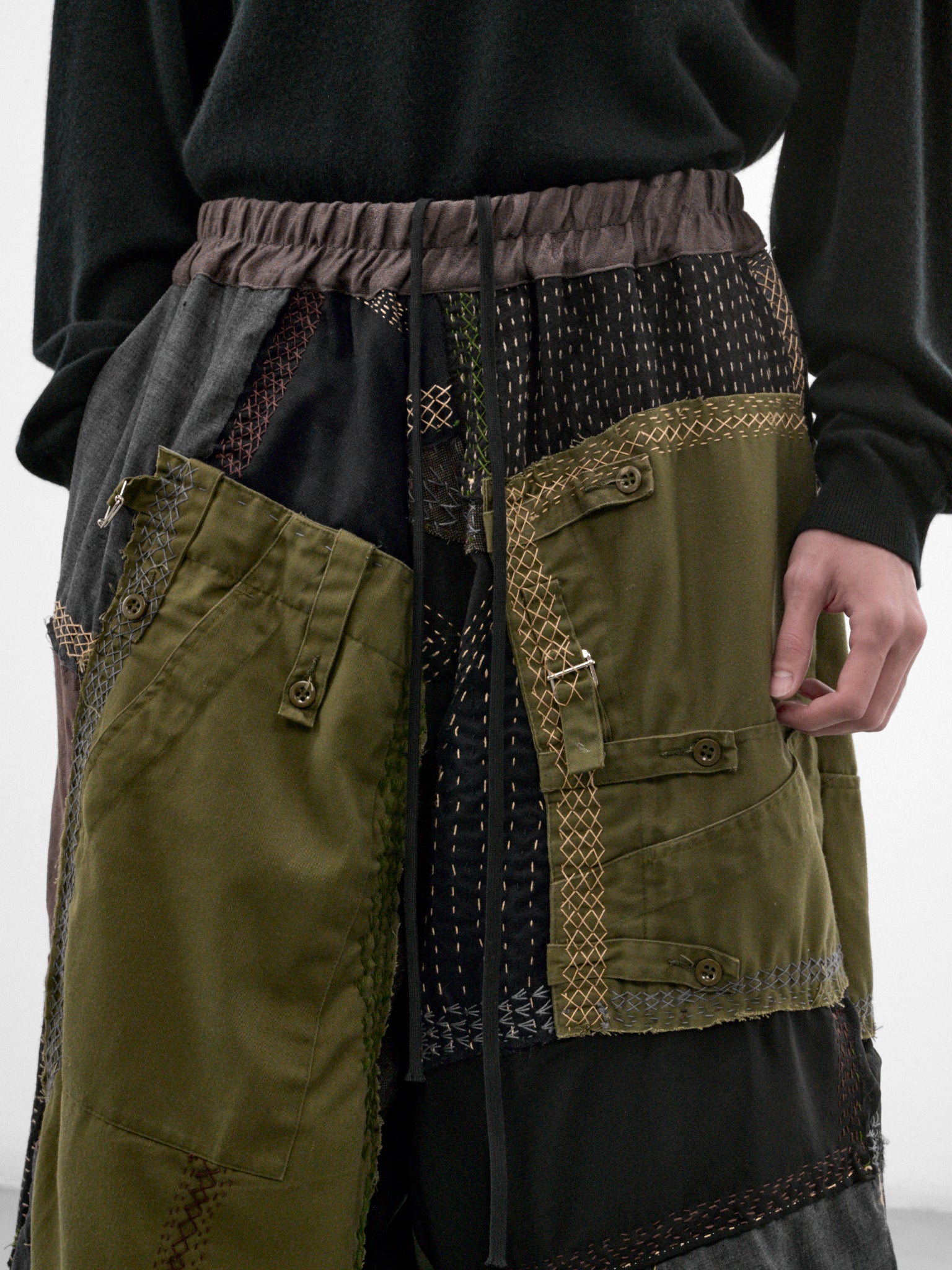 Dark Green Linen Patchwork Shorts (231482M-DARK-GREEN-MULTI)