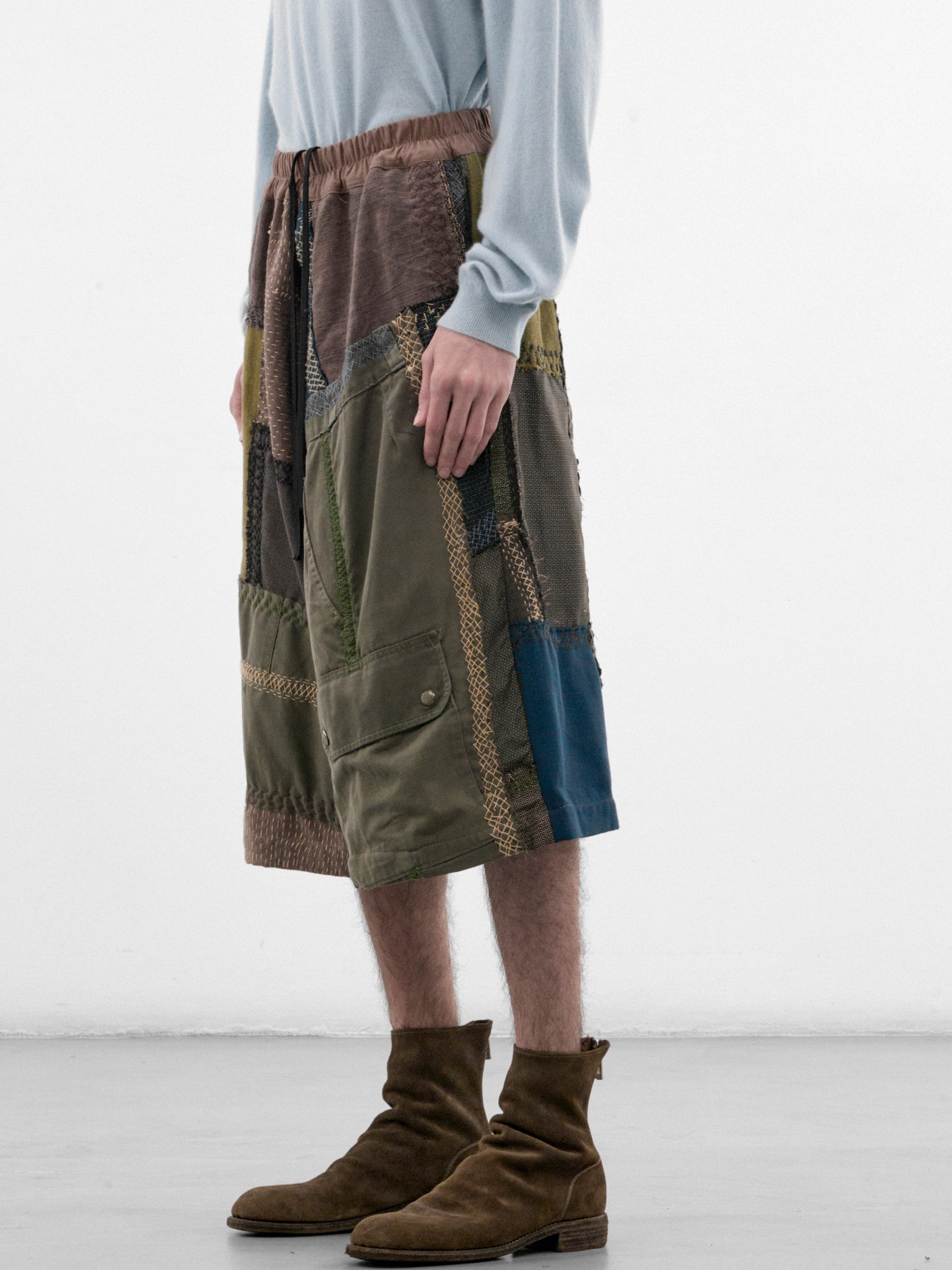 Light Green Linen Patchwork Shorts (231482M-LIGHT-GREEN-MULTI)