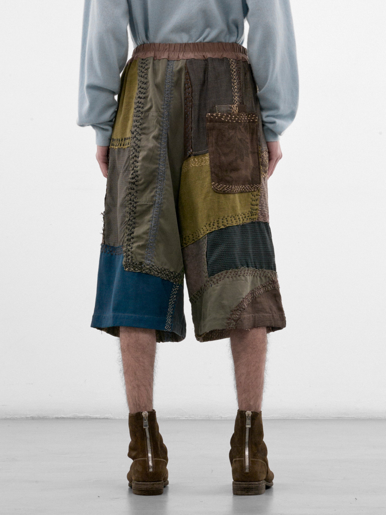 Light Green Linen Patchwork Shorts (231482M-LIGHT-GREEN-MULTI)