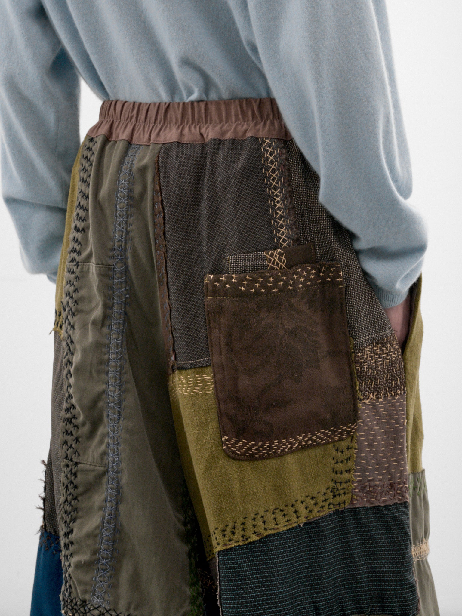 Light Green Linen Patchwork Shorts (231482M-LIGHT-GREEN-MULTI)