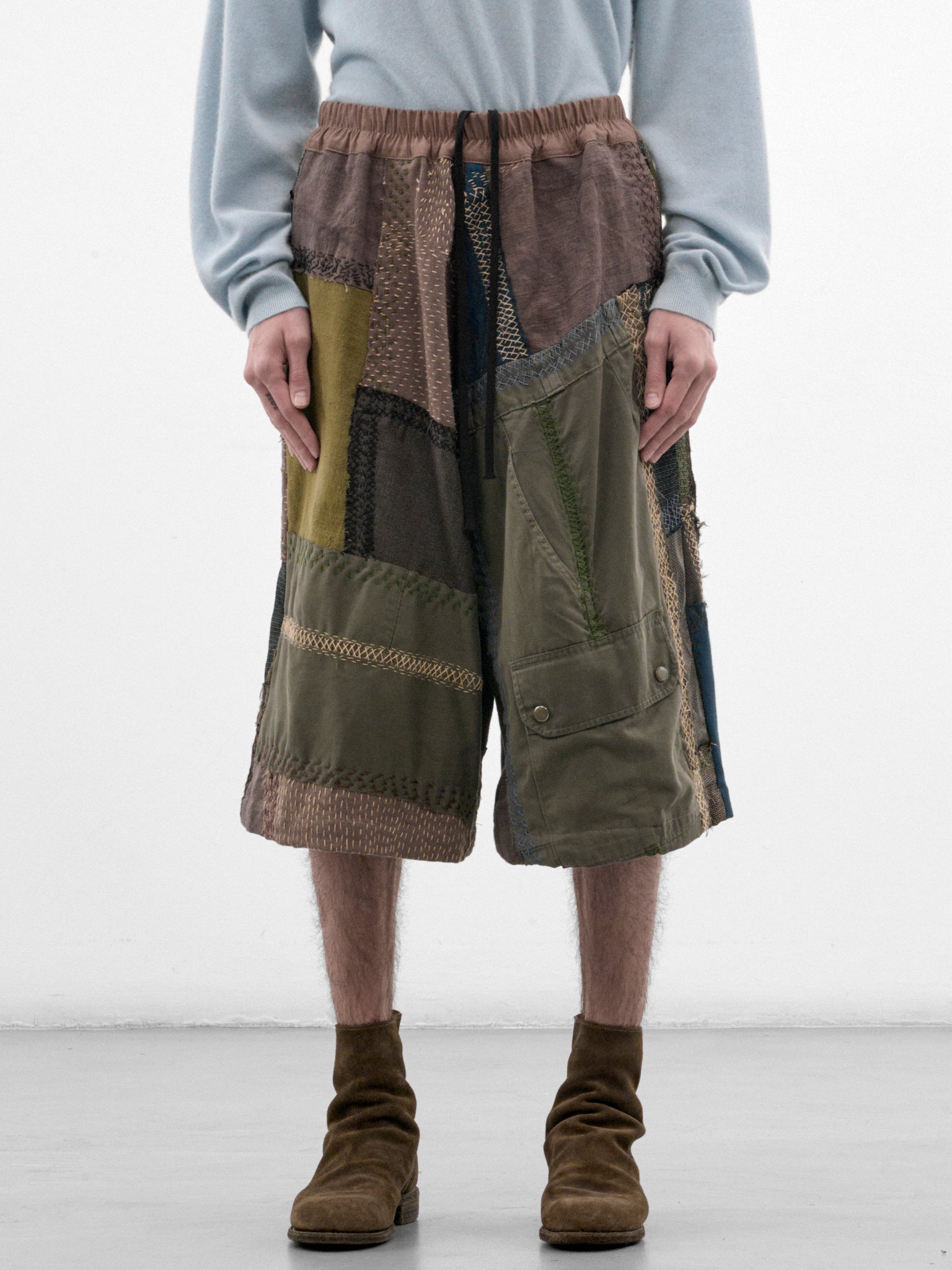 Light Green Linen Patchwork Shorts (231482M-LIGHT-GREEN-MULTI)