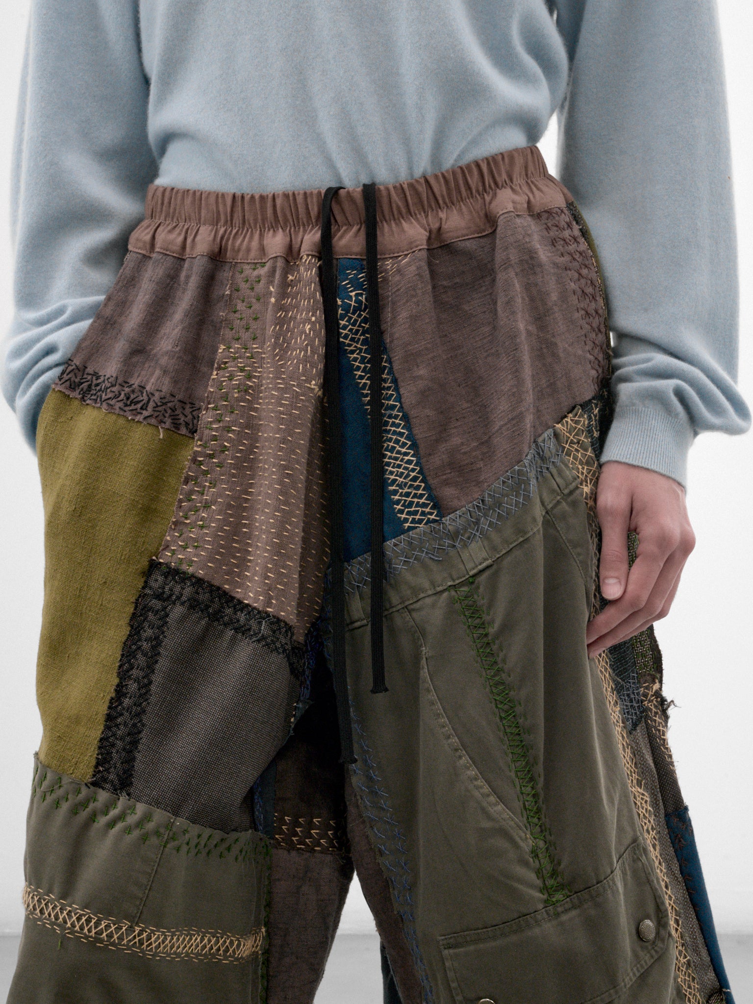 Light Green Linen Patchwork Shorts (231482M-LIGHT-GREEN-MULTI)