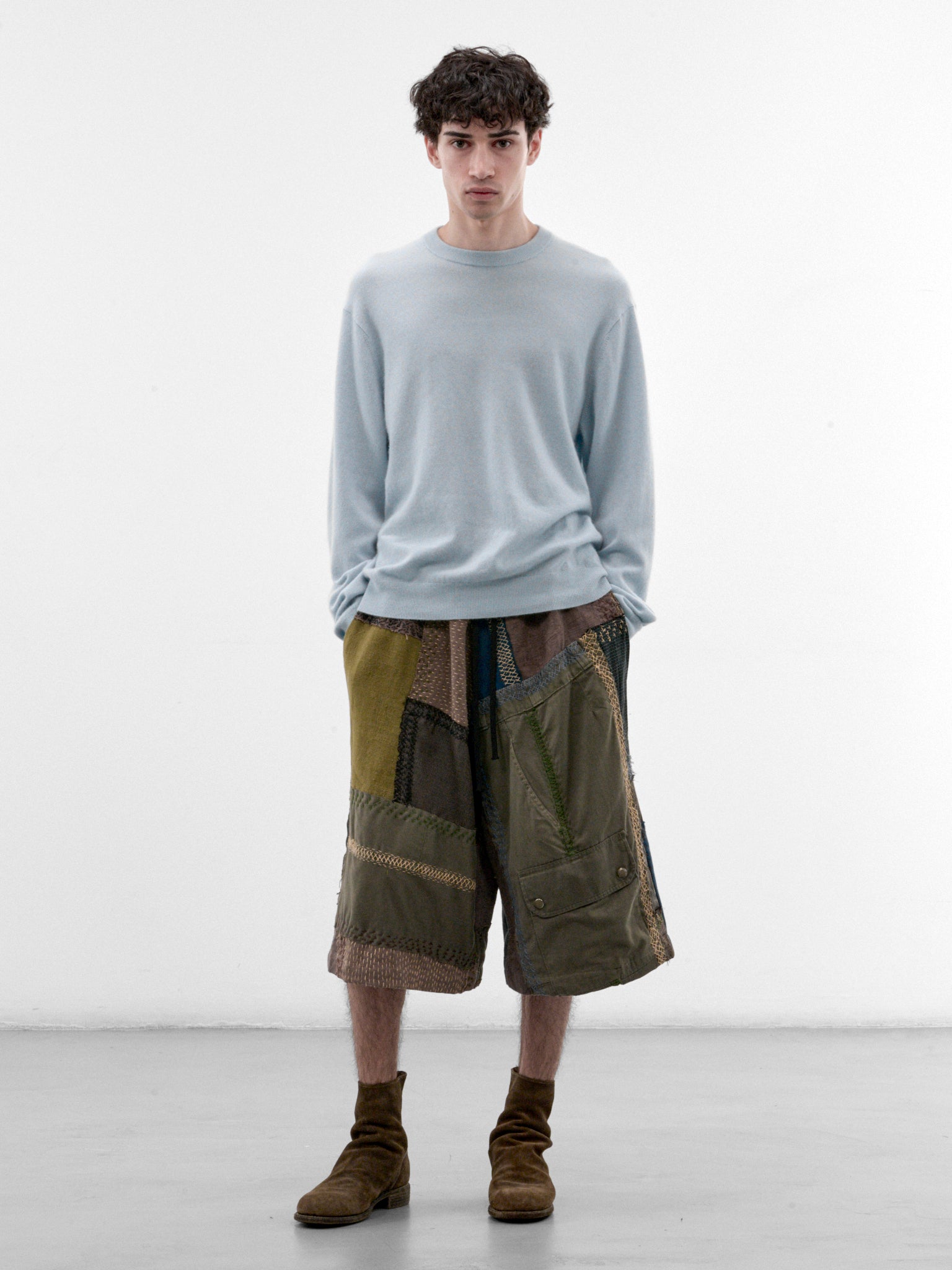 Light Green Linen Patchwork Shorts (231482M-LIGHT-GREEN-MULTI)