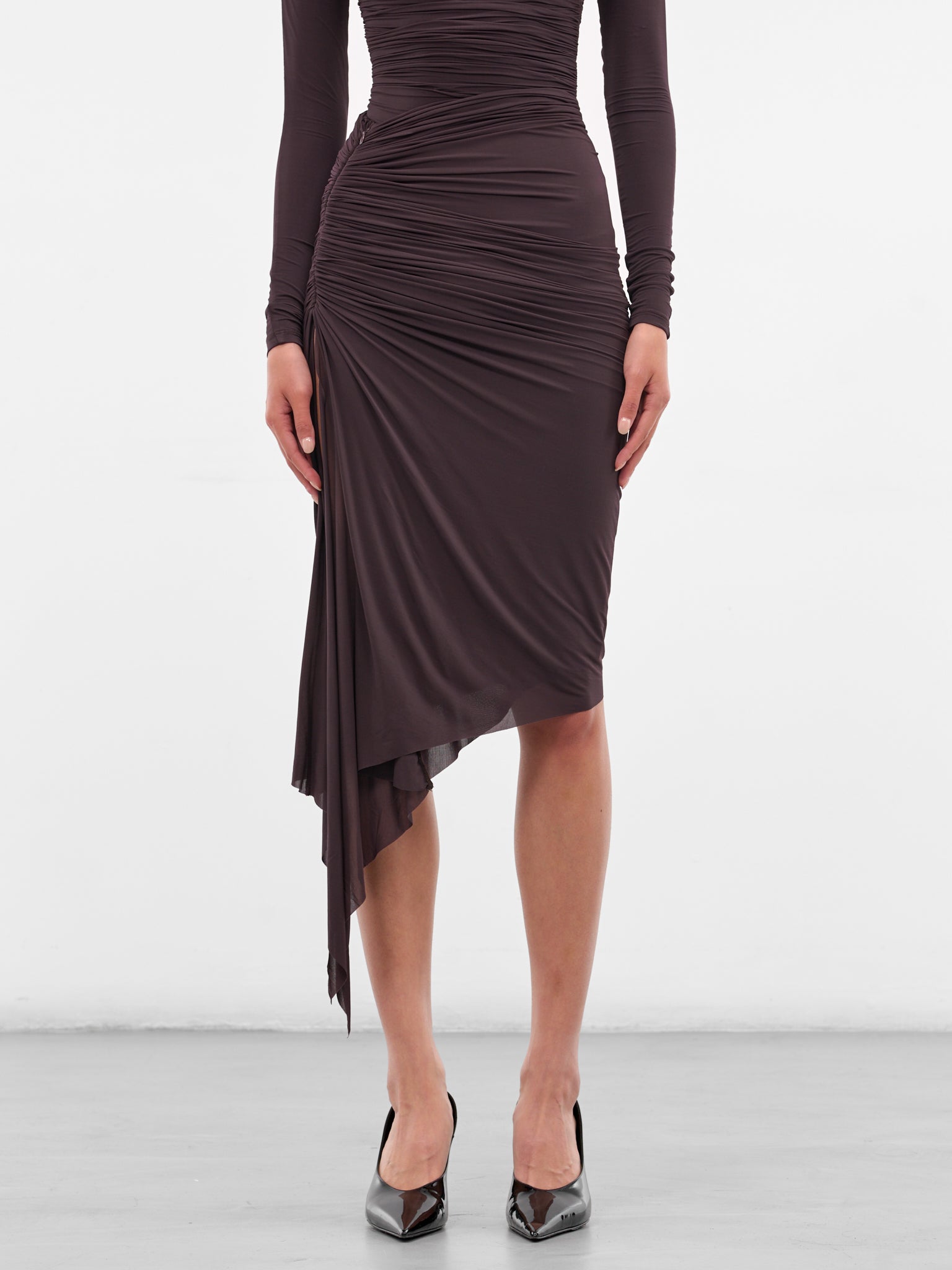 Burgundy Viscose Ruched Asymmetric Skirt (429-T06-BURGUNDY)