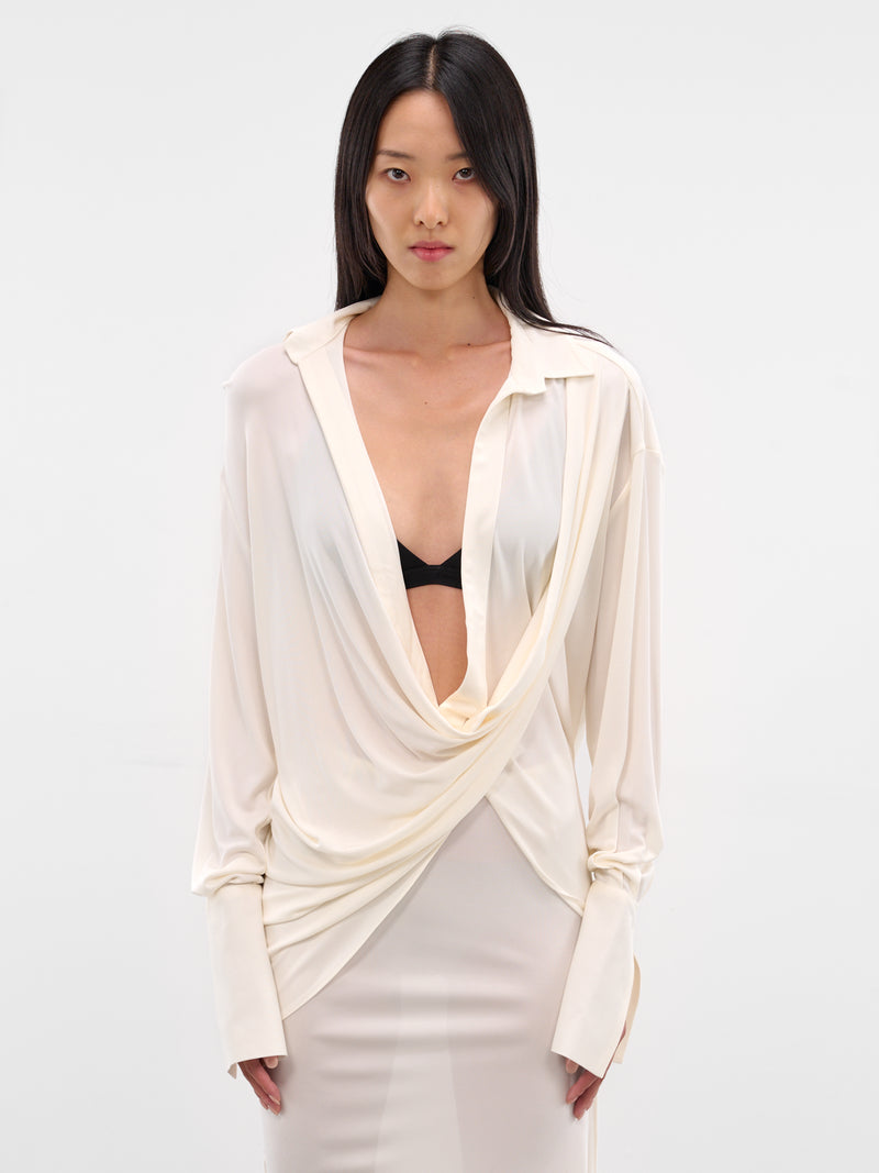 White Viscose Sheer Draped Shirt (237-T04-WHITE)