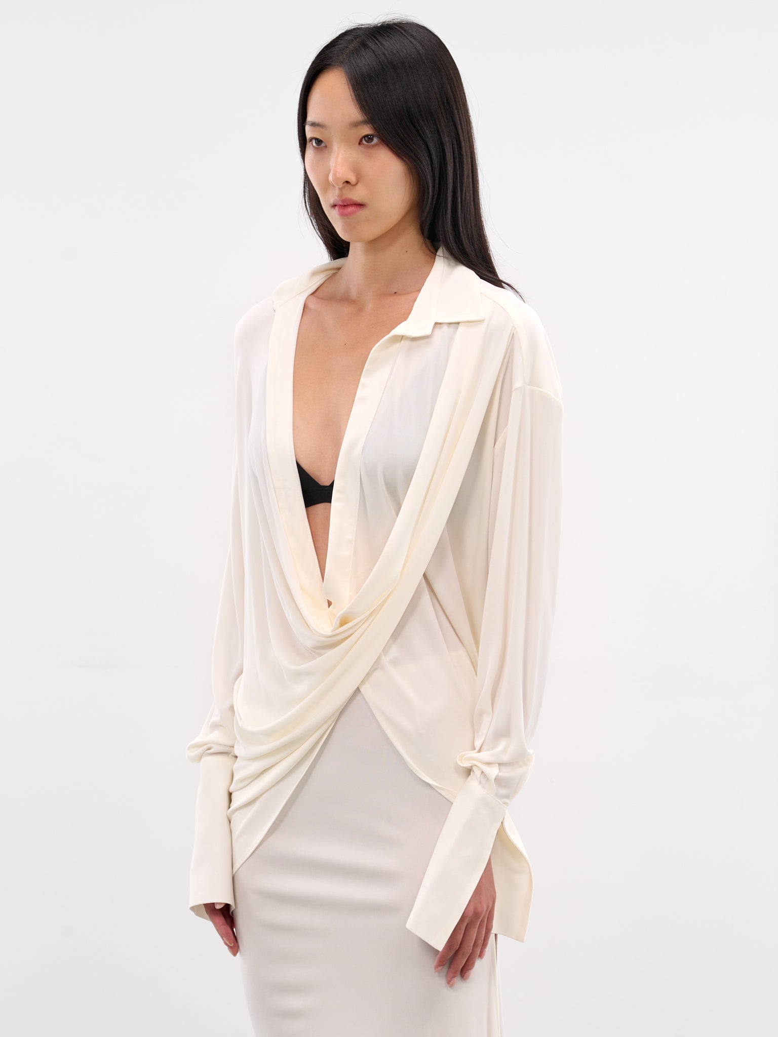 White Viscose Sheer Draped Shirt (237-T04-WHITE)