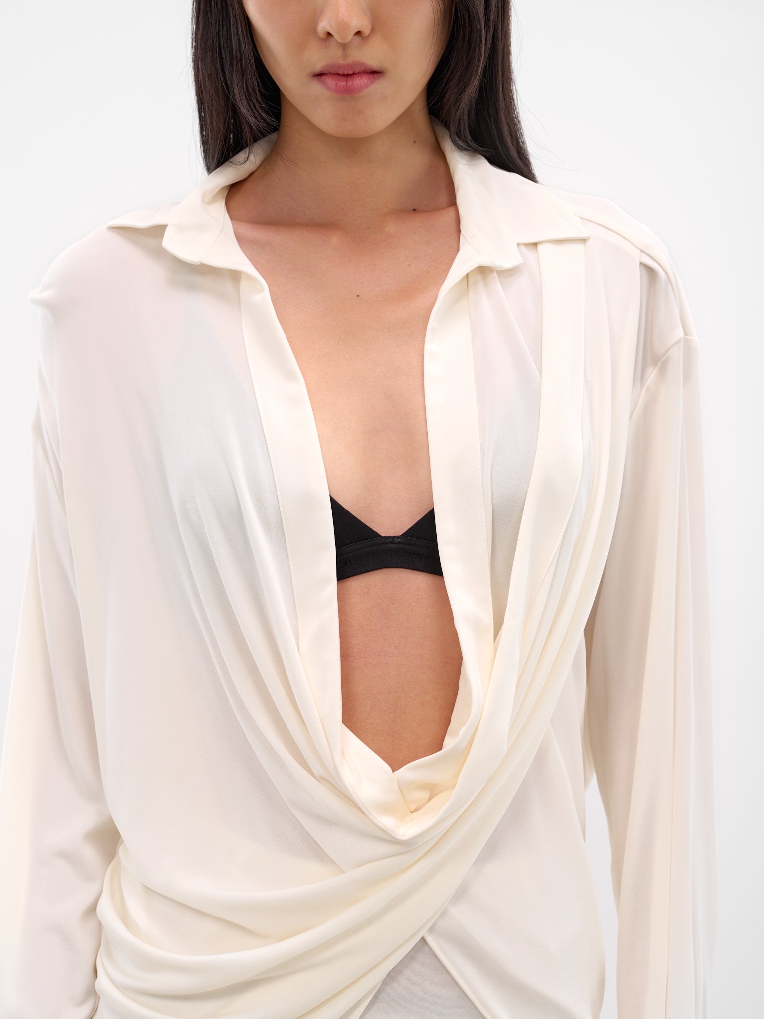 White Viscose Sheer Draped Shirt (237-T04-WHITE)