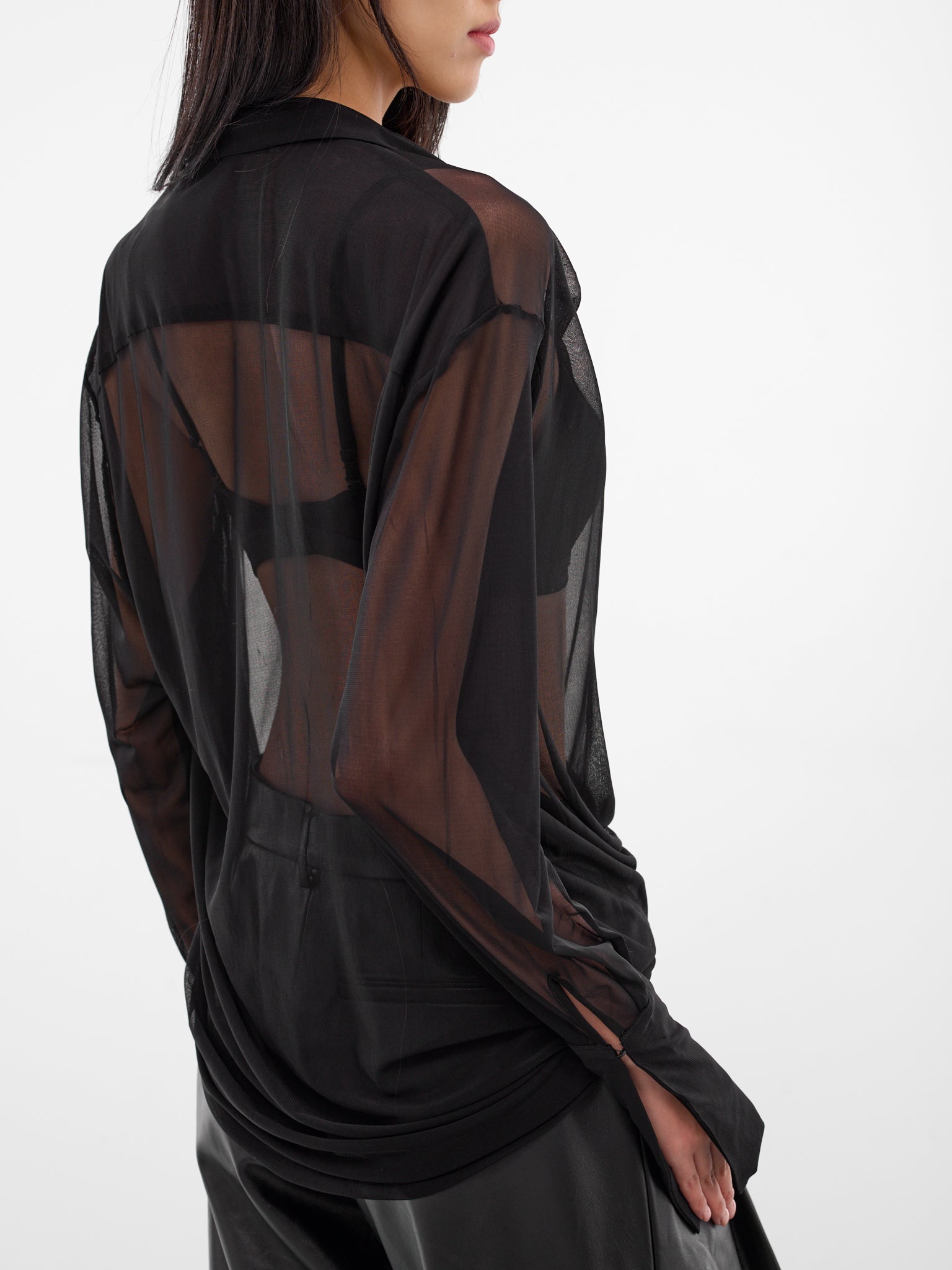Black Poly Sheer Draped Shirt (237-T08-BLACK)