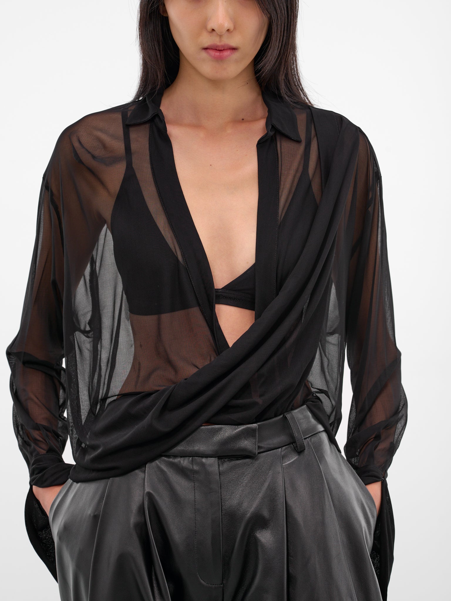 Black Poly Sheer Draped Shirt (237-T08-BLACK)