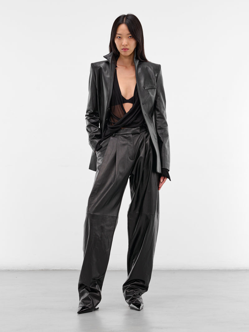 Black Leather Tailored Pleated Trousers (319-T09-BLACK)