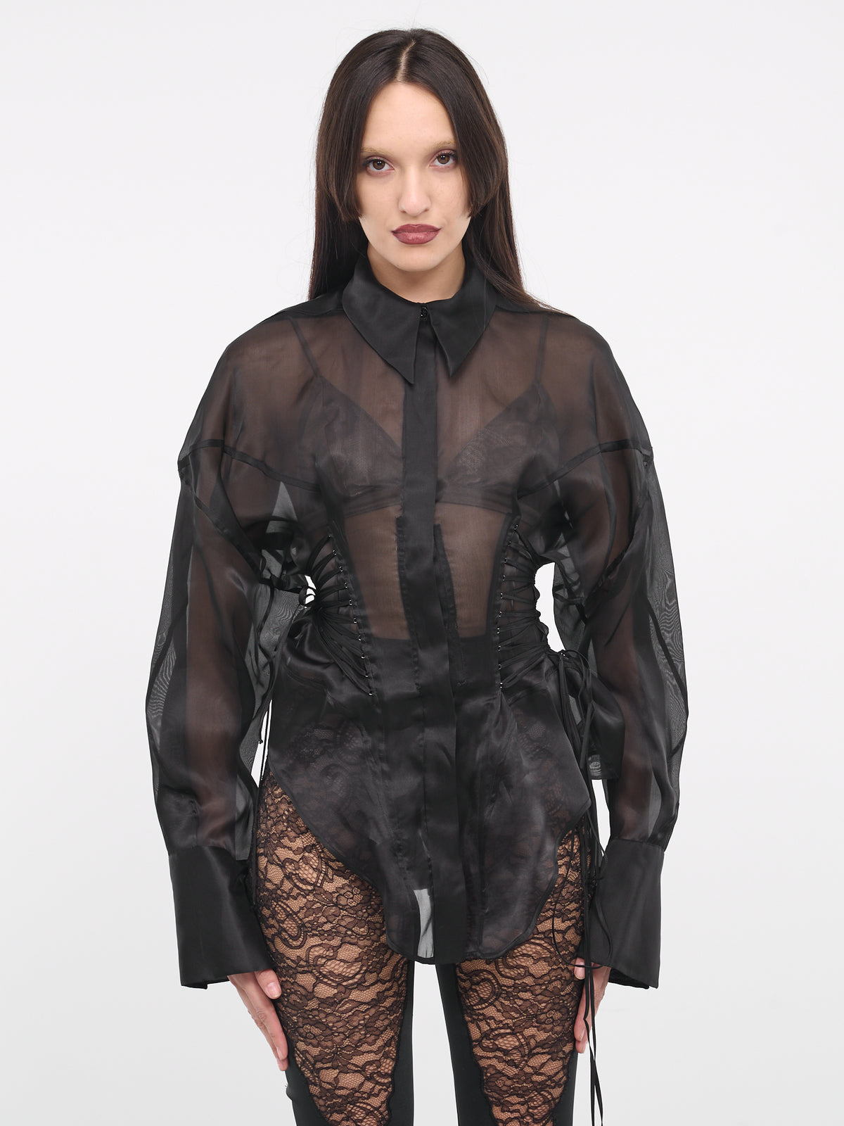 Lace-Up Silk Organza Shirt (24P1TO0641363-1999-BLACK)