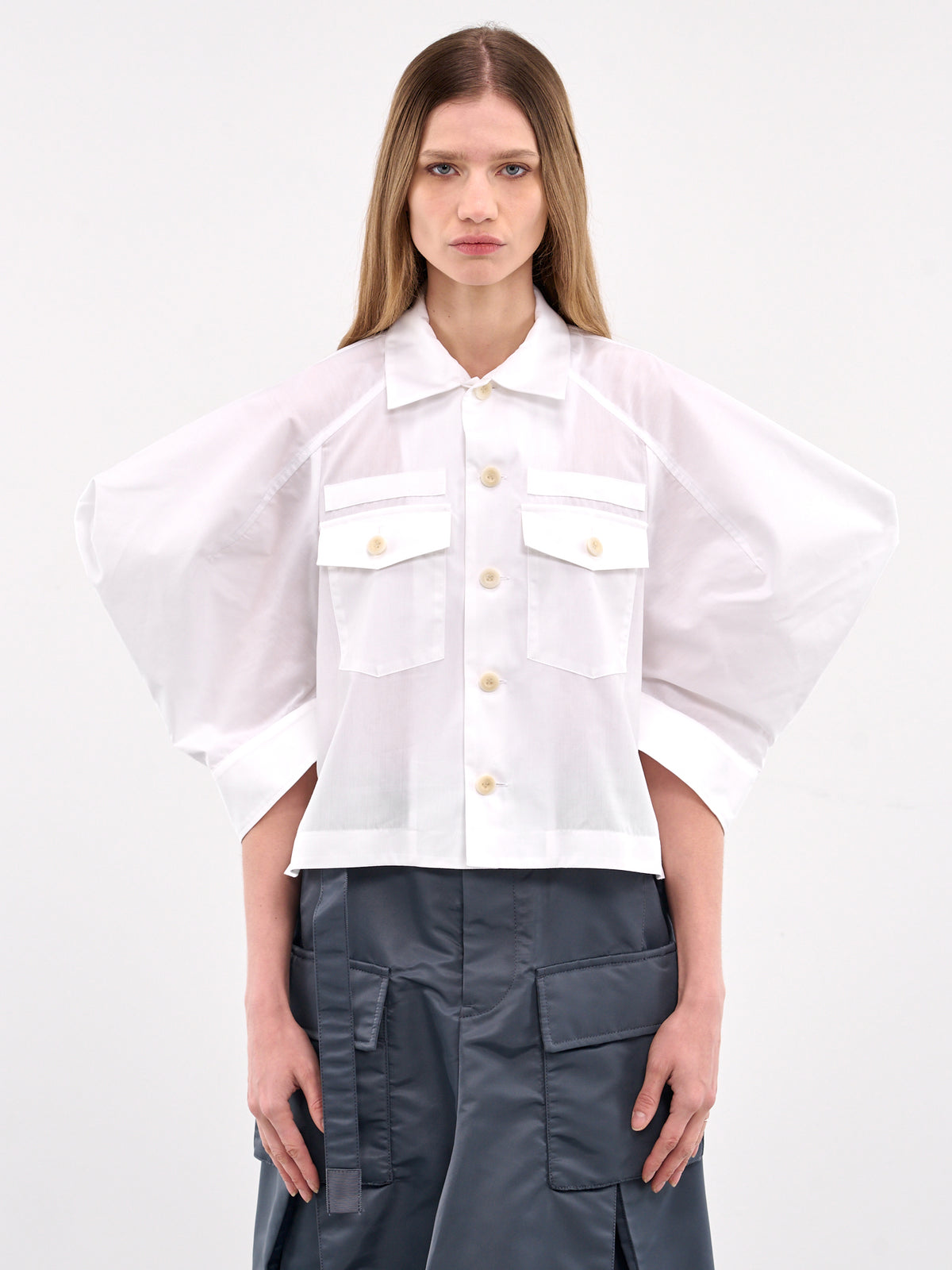 Puff Sleeve Cotton Poplin Shirt (25-07648-151-WHITE)