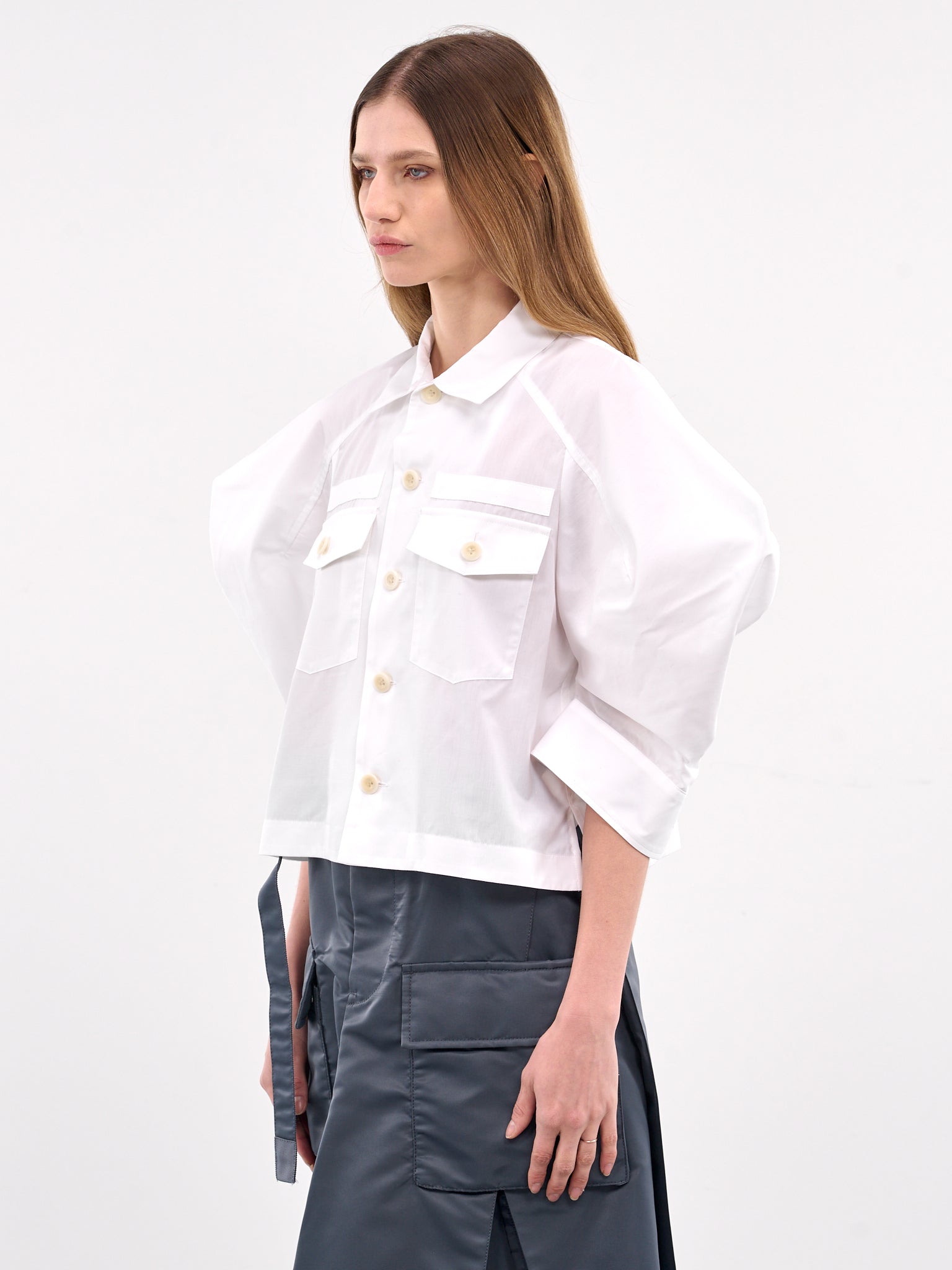 Puff Sleeve Cotton Poplin Shirt (25-07648-151-WHITE)
