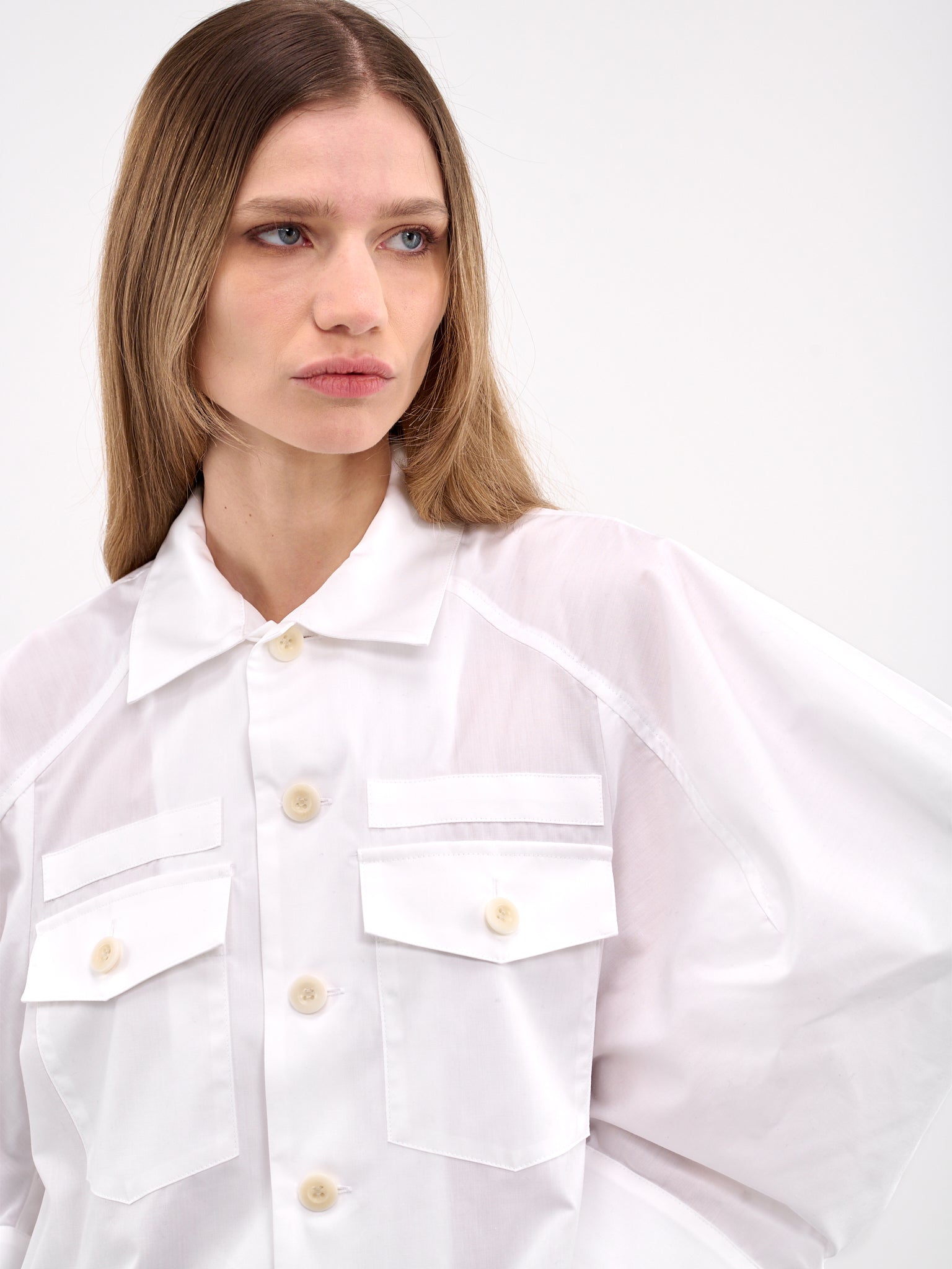 Puff Sleeve Cotton Poplin Shirt (25-07648-151-WHITE)