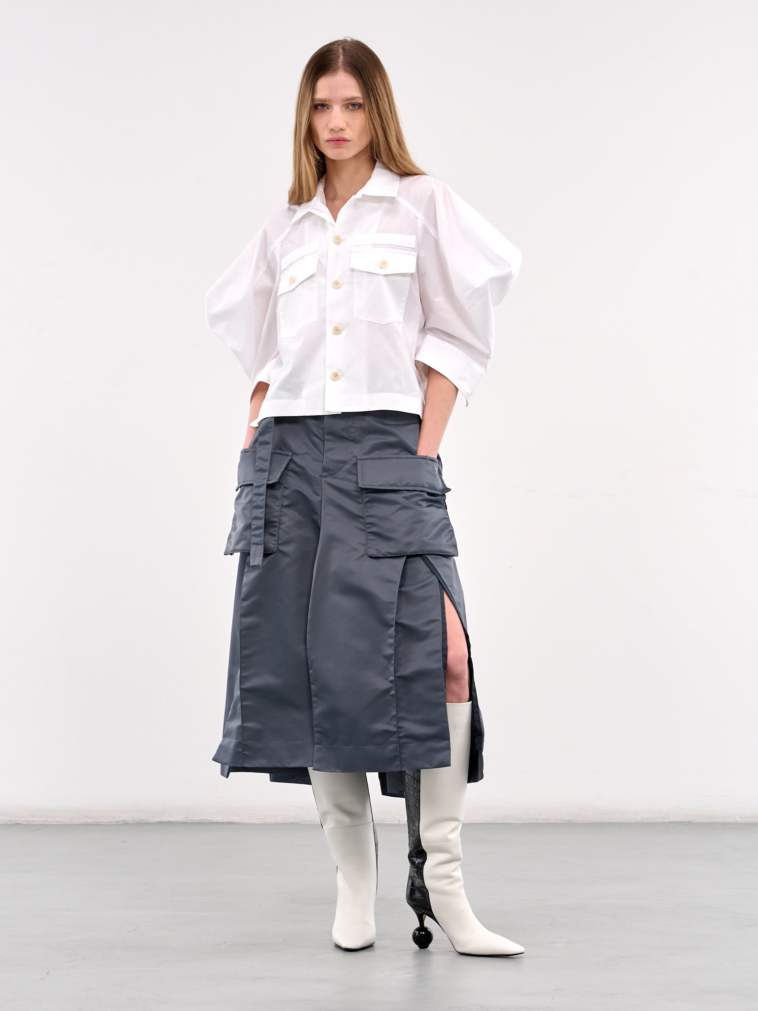 Puff Sleeve Cotton Poplin Shirt (25-07648-151-WHITE)