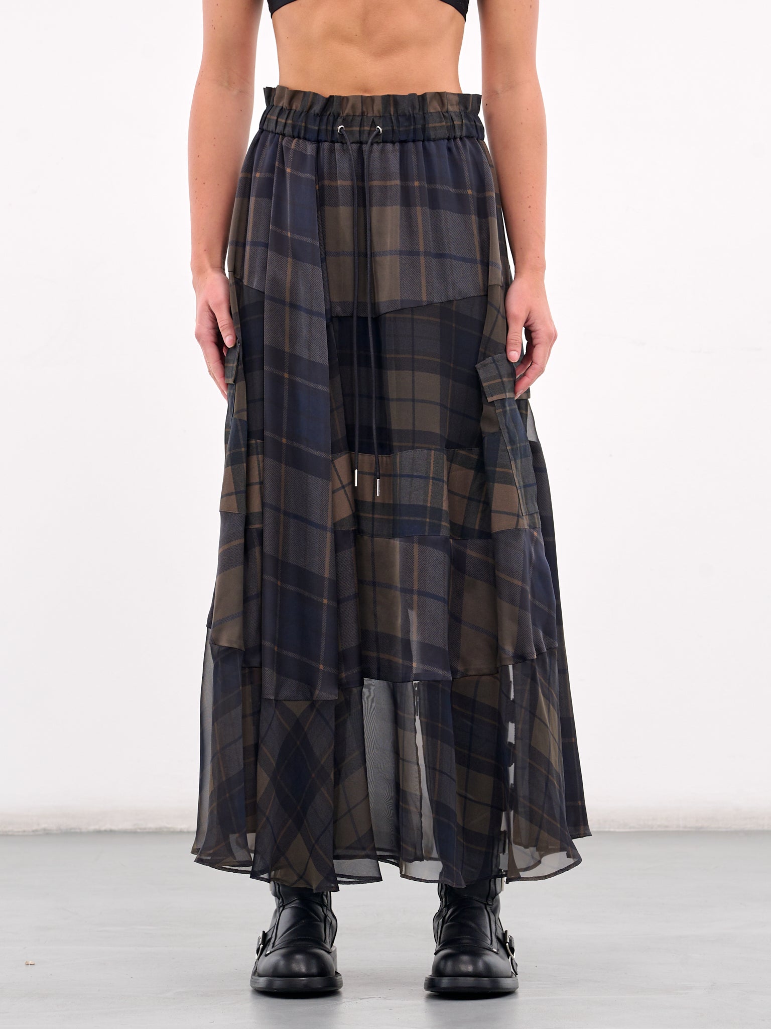 Plaid Elasticated Maxi Skirt (25-07891-505-KHAKI-NAVY)