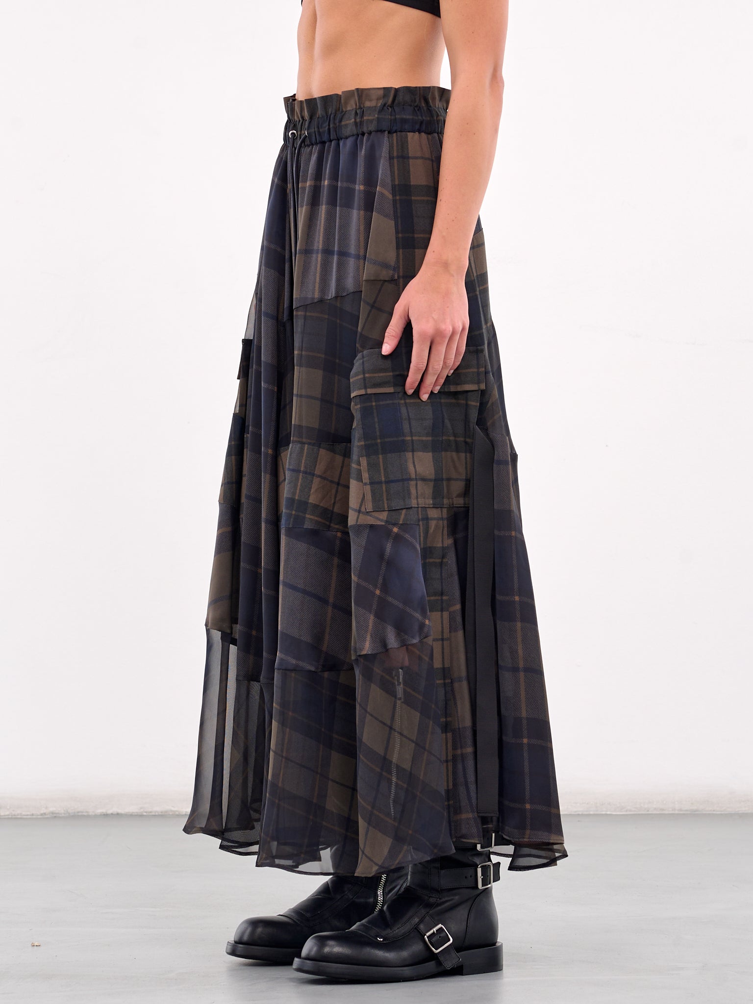 Plaid Elasticated Maxi Skirt (25-07891-505-KHAKI-NAVY)