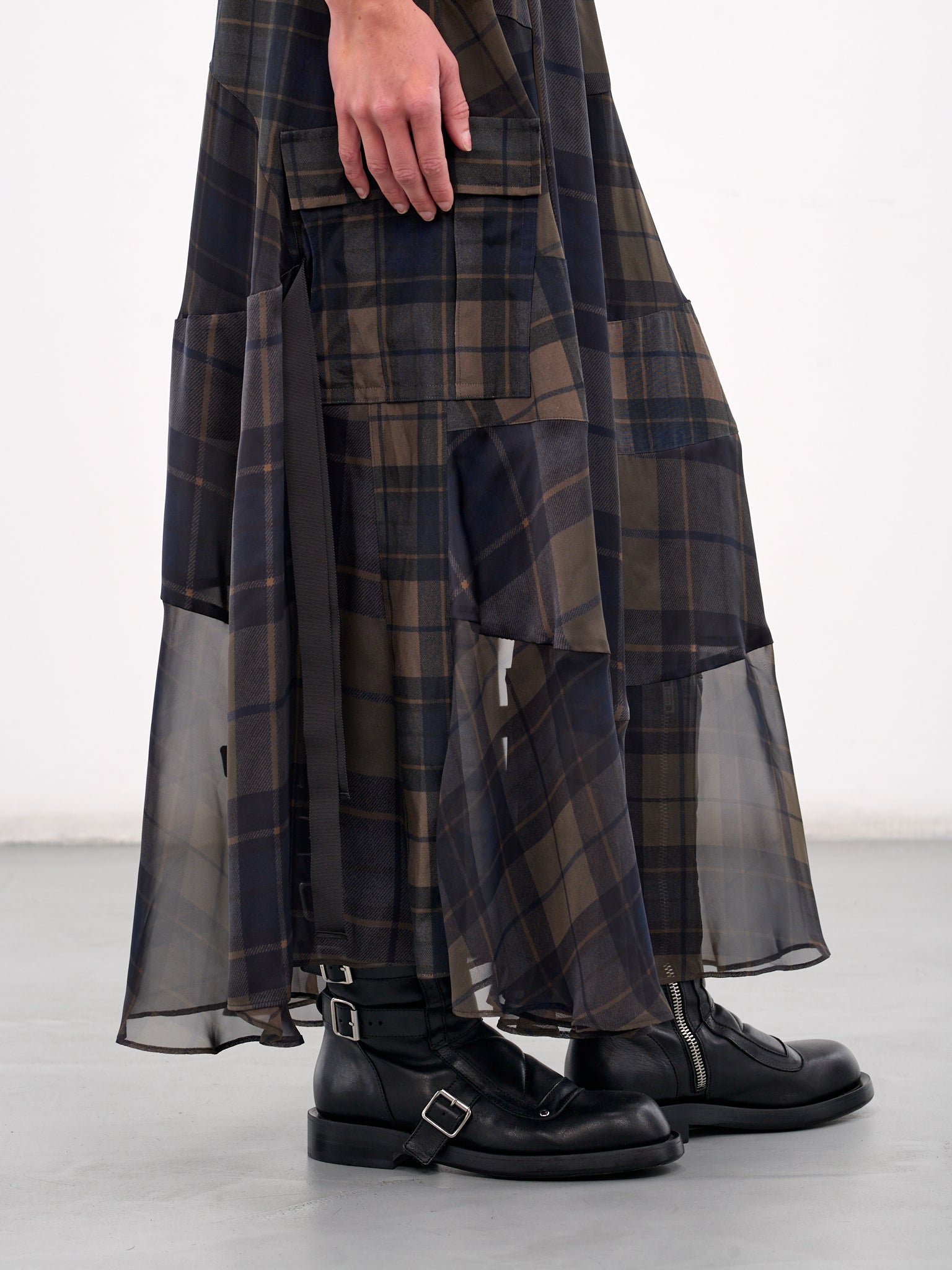 Plaid Elasticated Maxi Skirt (25-07891-505-KHAKI-NAVY)