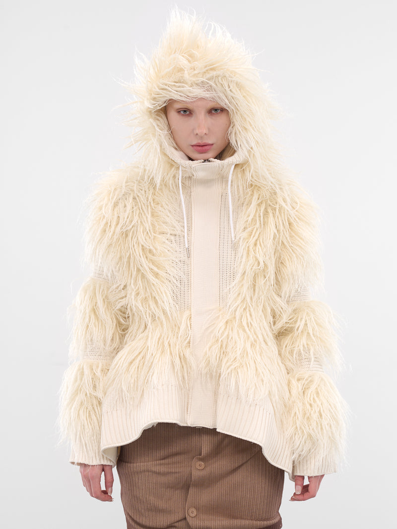 White Hairy Knit Zip Hoodie (25-08080-151-OFF-WHITE)
