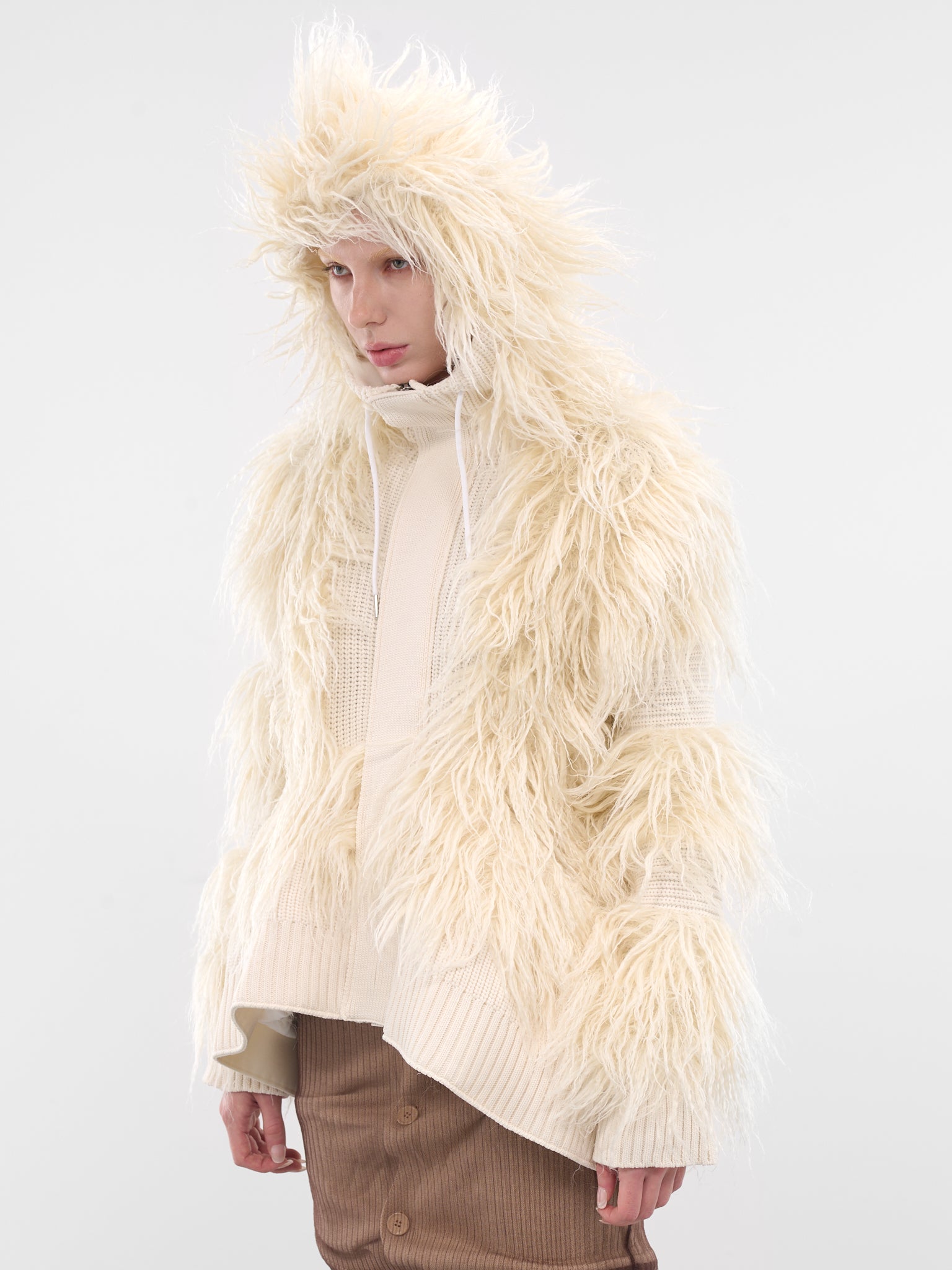 White Hairy Knit Zip Hoodie (25-08080-151-OFF-WHITE)
