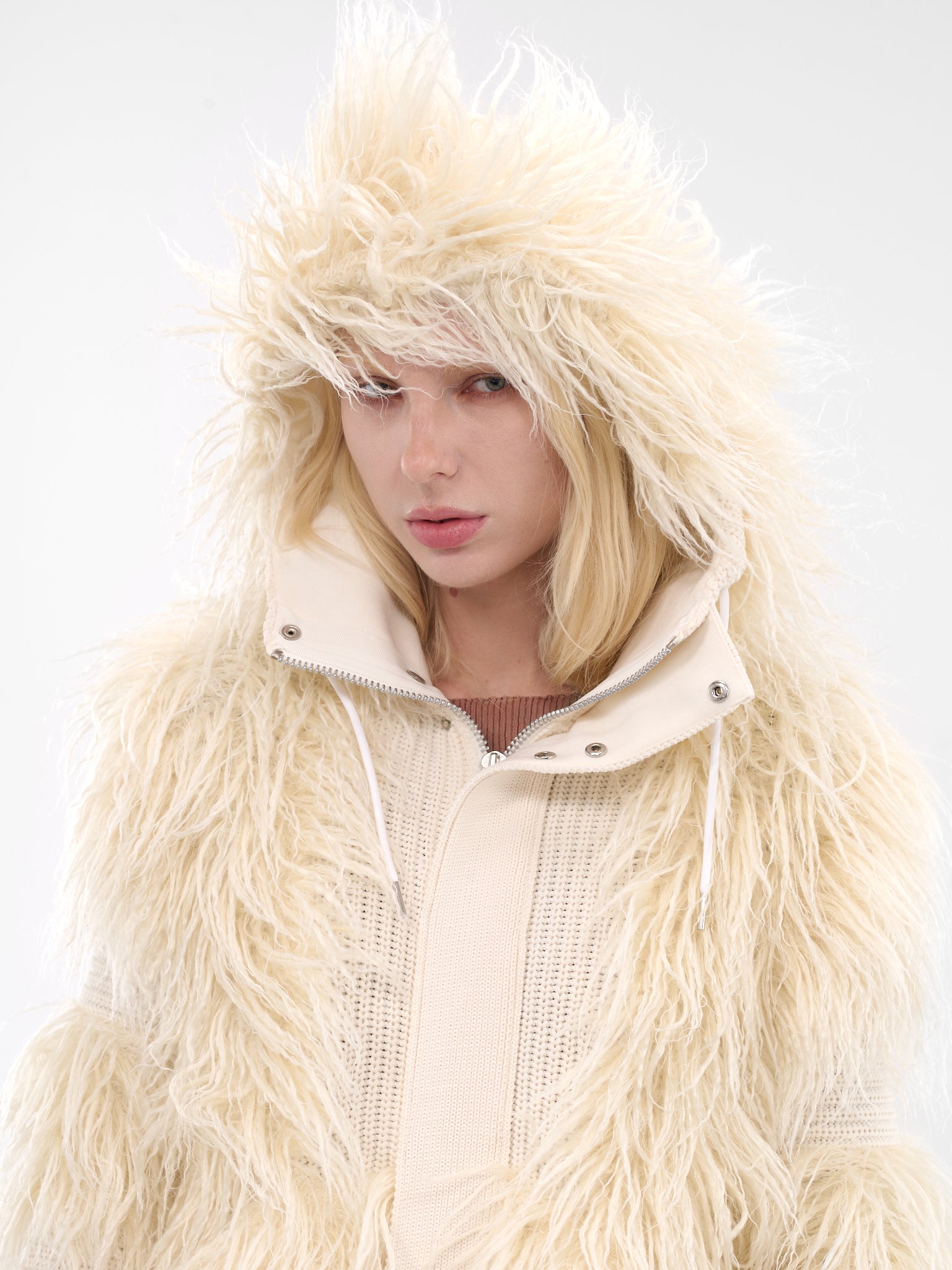 White Hairy Knit Zip Hoodie (25-08080-151-OFF-WHITE)