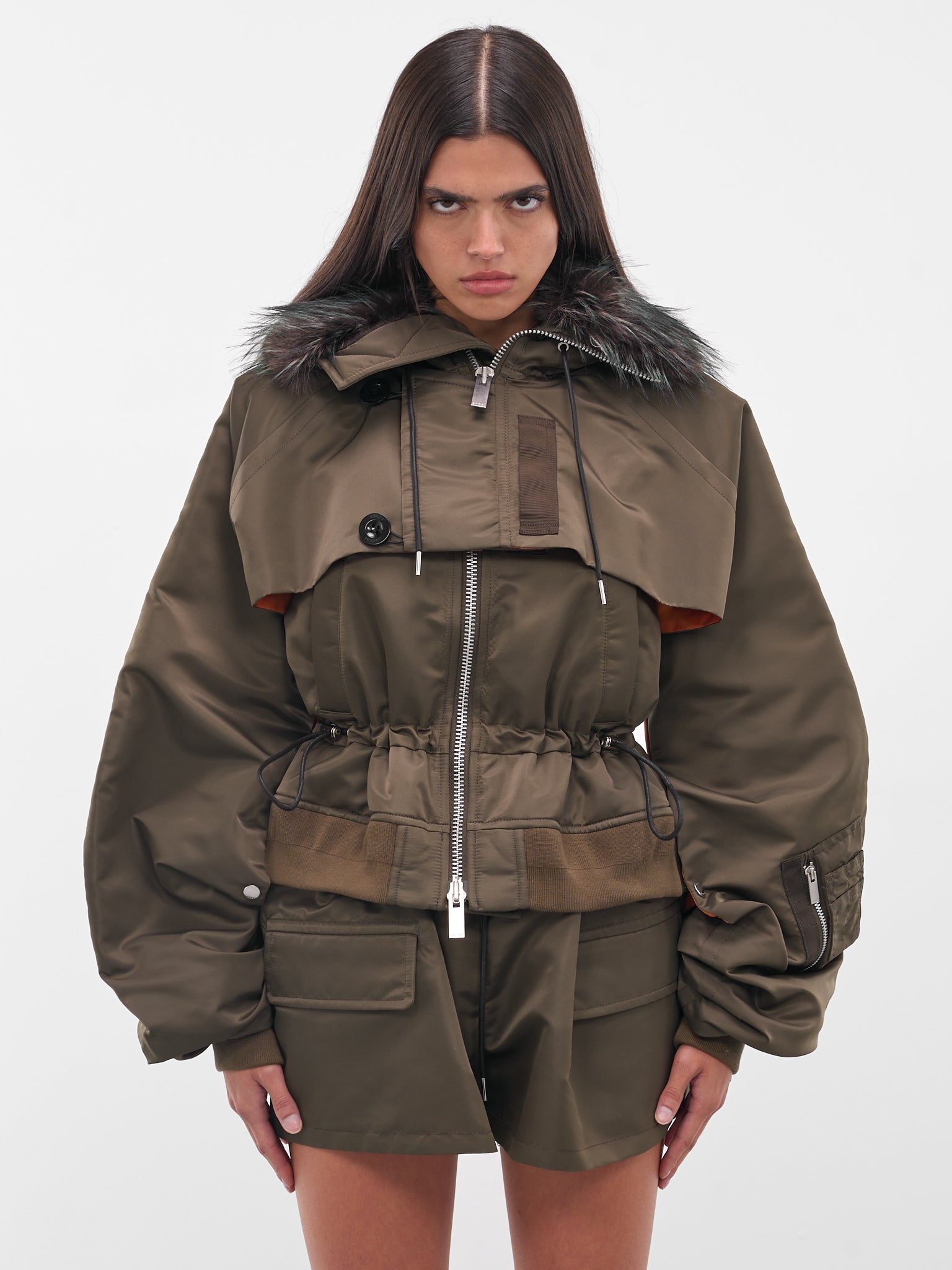 Nylon Fur Hood Bomber Jacket (25-08151-531-DARK-KHAKI)