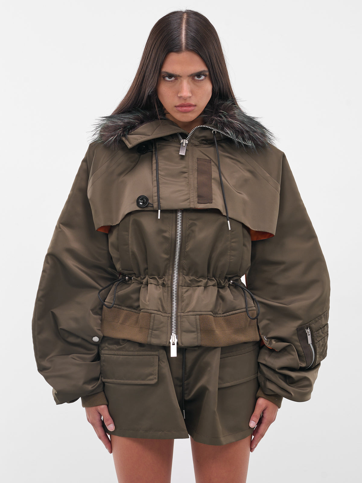 Nylon Fur Hood Bomber Jacket (25-08151-531-DARK-KHAKI)