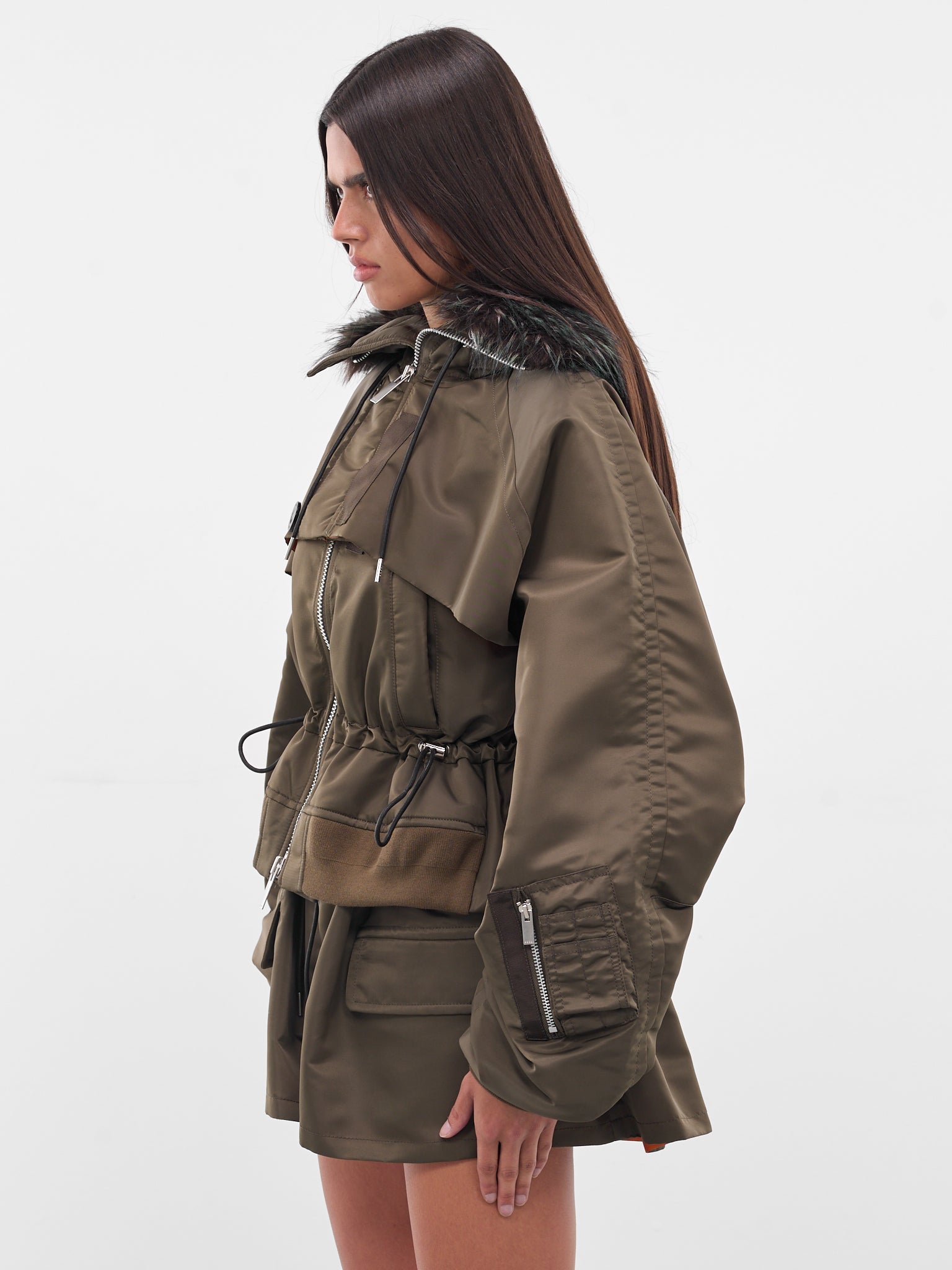 Nylon Fur Hood Bomber Jacket (25-08151-531-DARK-KHAKI)