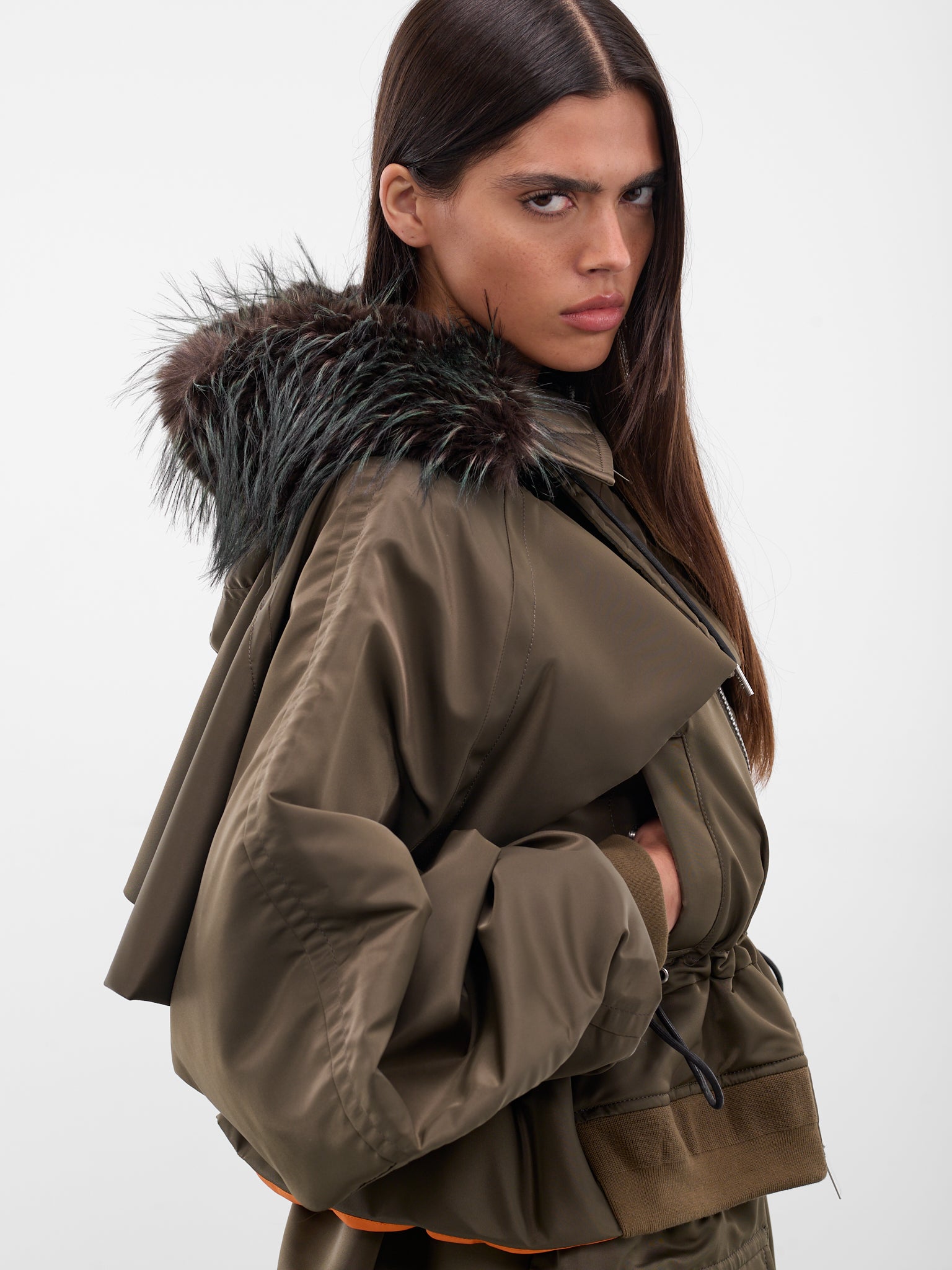 Nylon Fur Hood Bomber Jacket (25-08151-531-DARK-KHAKI)