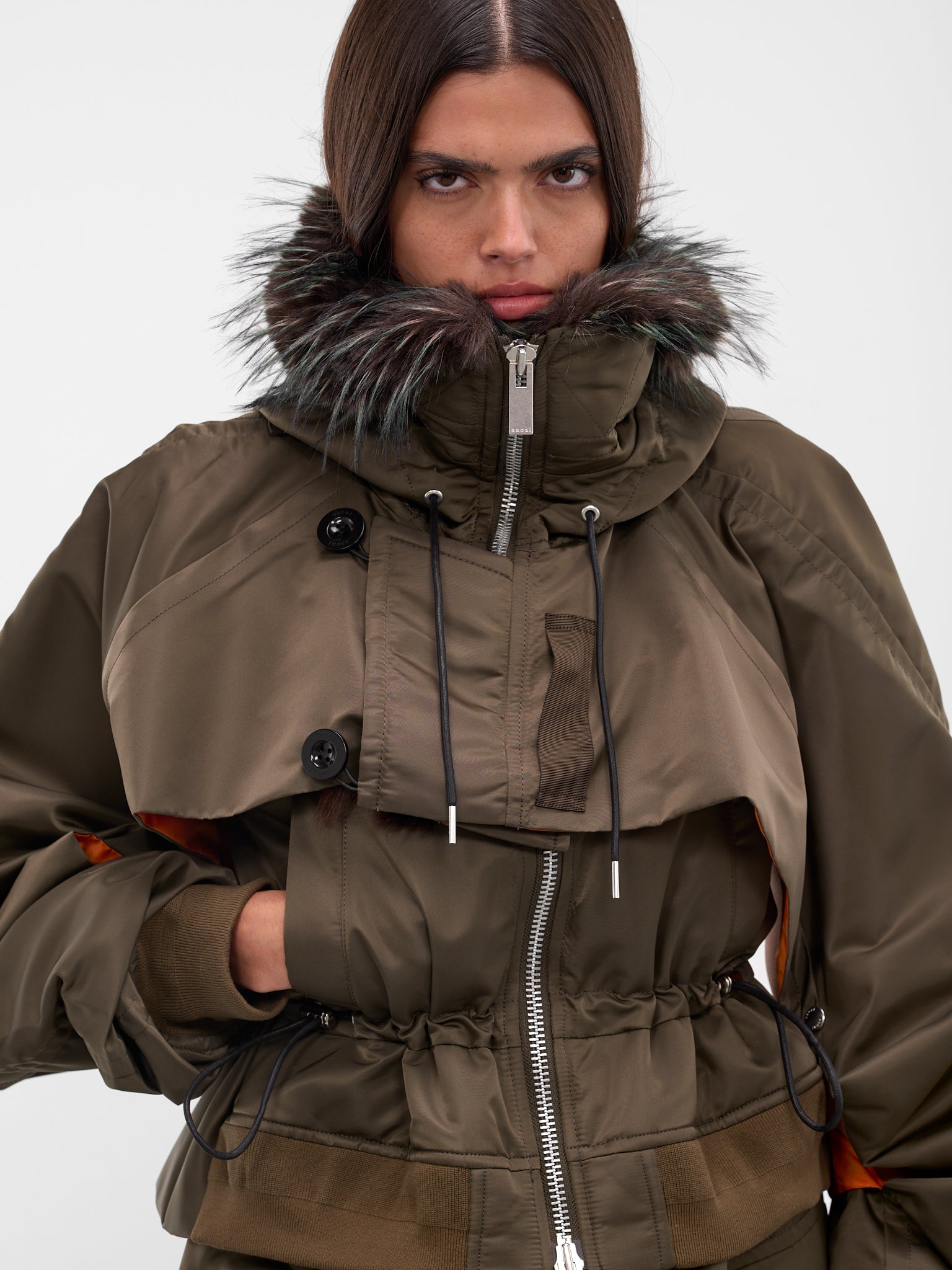 Nylon Fur Hood Bomber Jacket (25-08151-531-DARK-KHAKI)