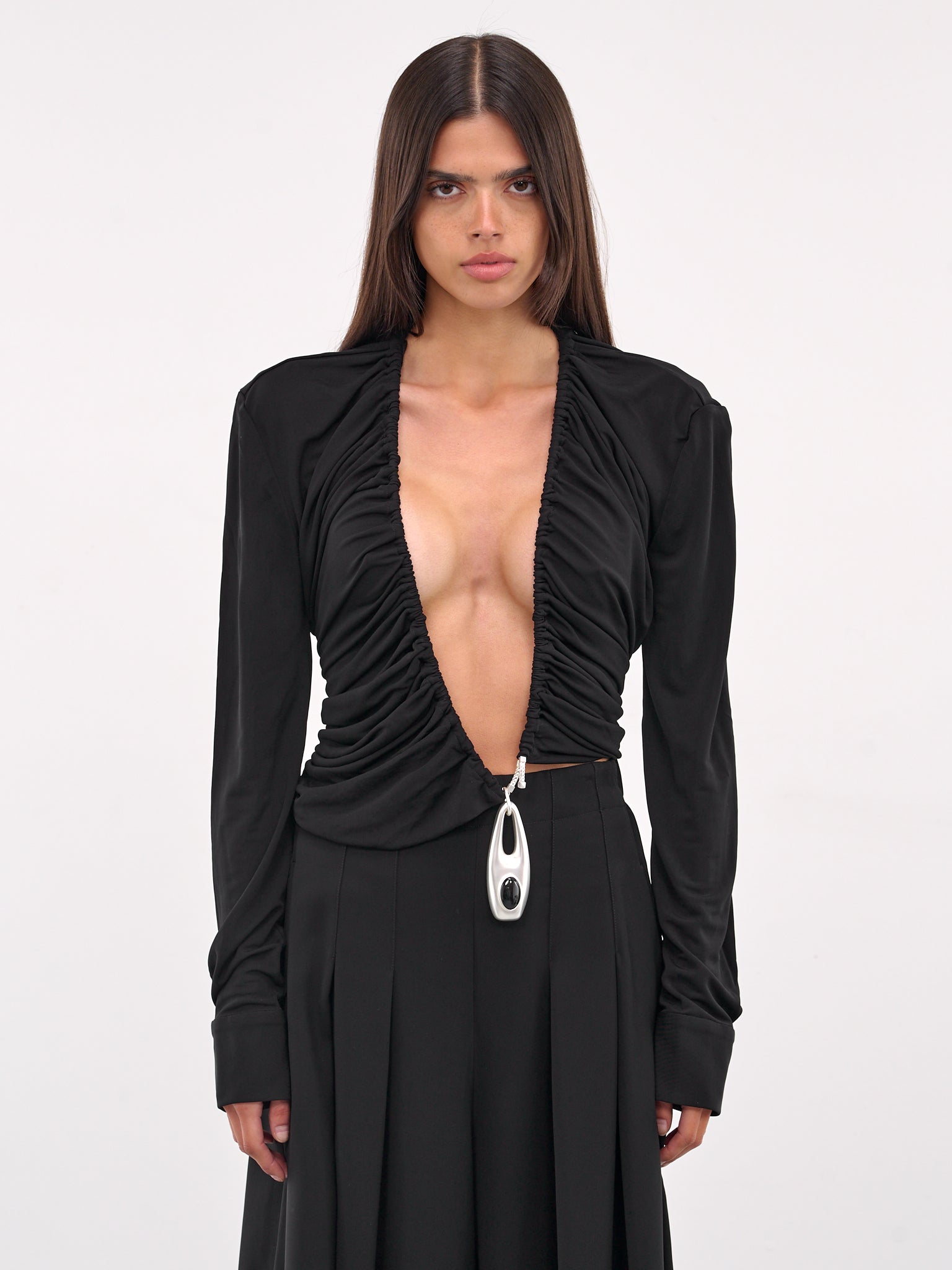 Lavalliere Draped Long Sleeve Top (25011588-BLACK)