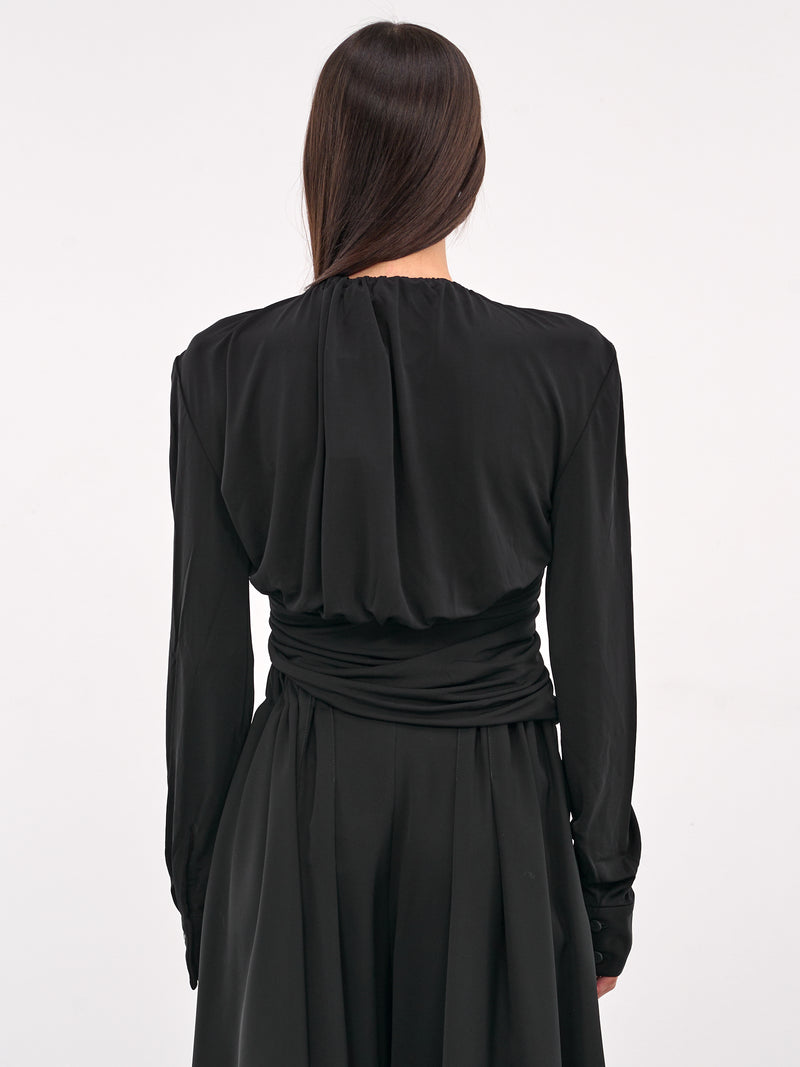 Lavalliere Draped Long Sleeve Top (25011588-BLACK)