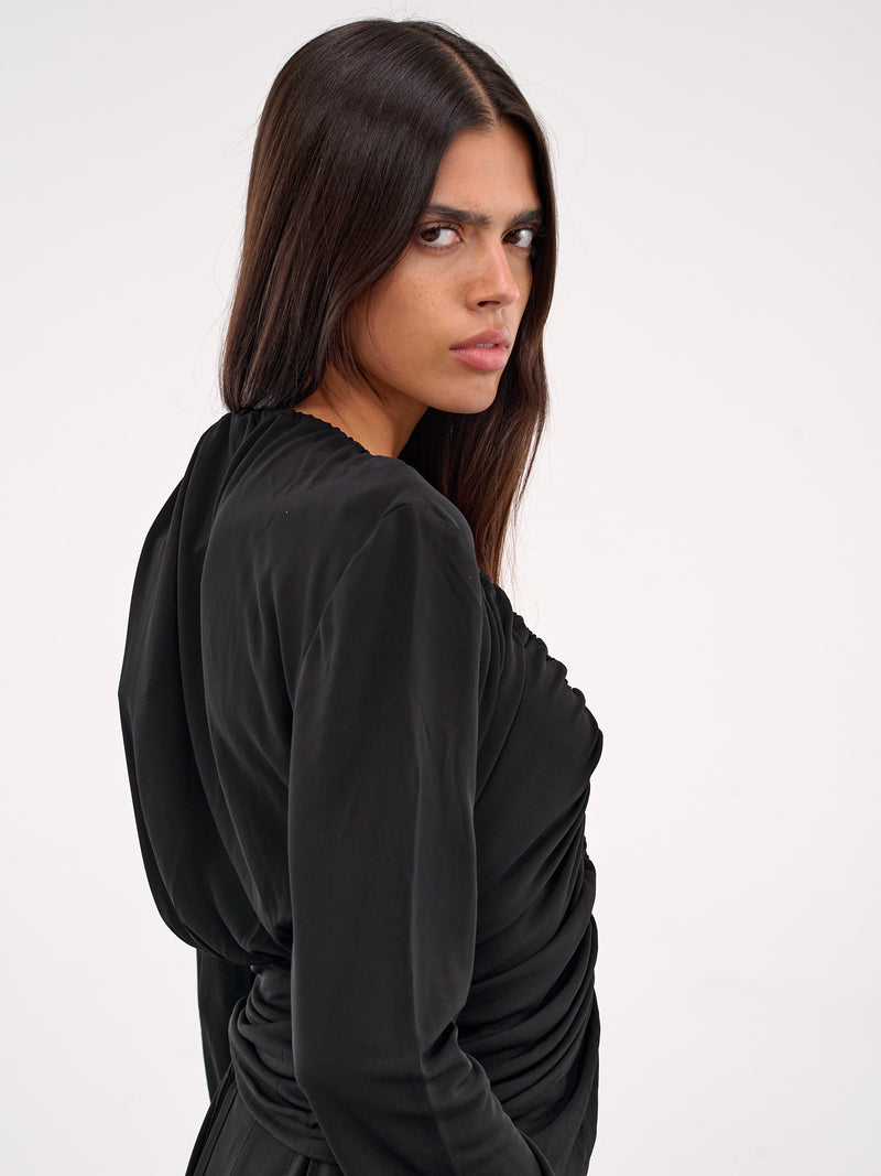 Lavalliere Draped Long Sleeve Top (25011588-BLACK)