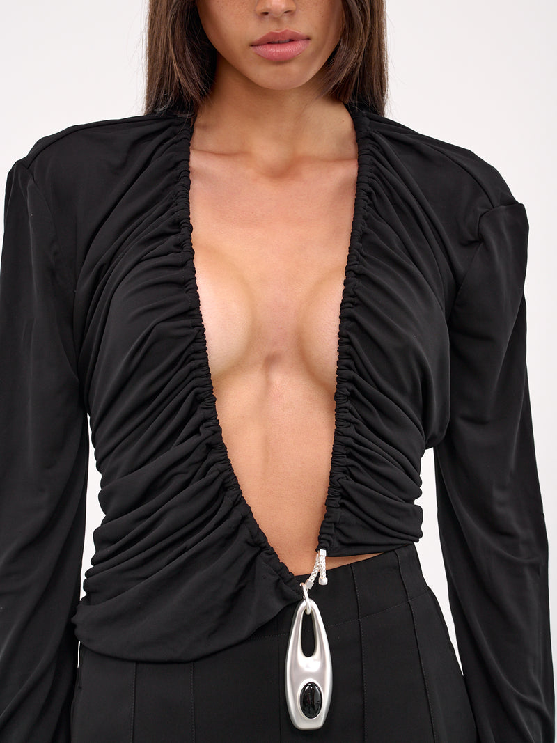 Lavalliere Draped Long Sleeve Top (25011588-BLACK)