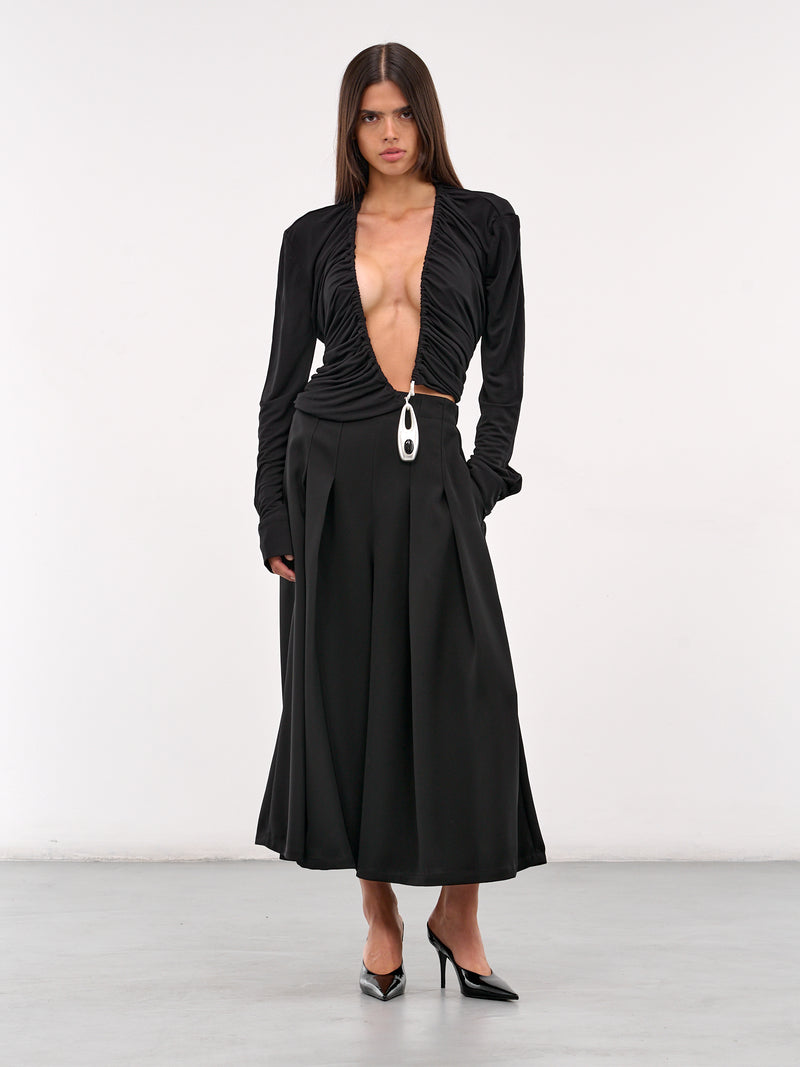 Lavalliere Draped Long Sleeve Top (25011588-BLACK)