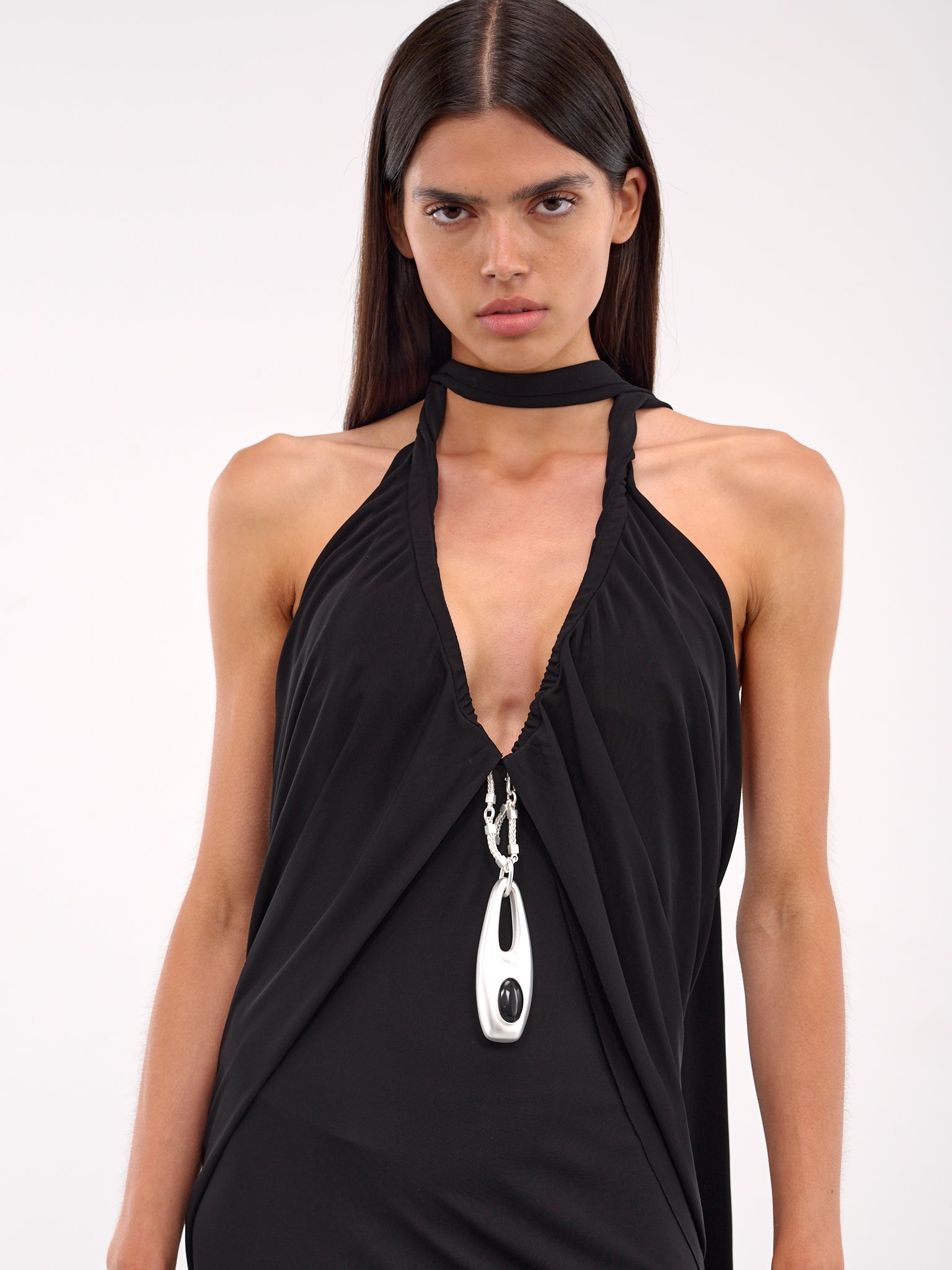 Lavalliere Draped Halter Dress (25013479-BLACK)
