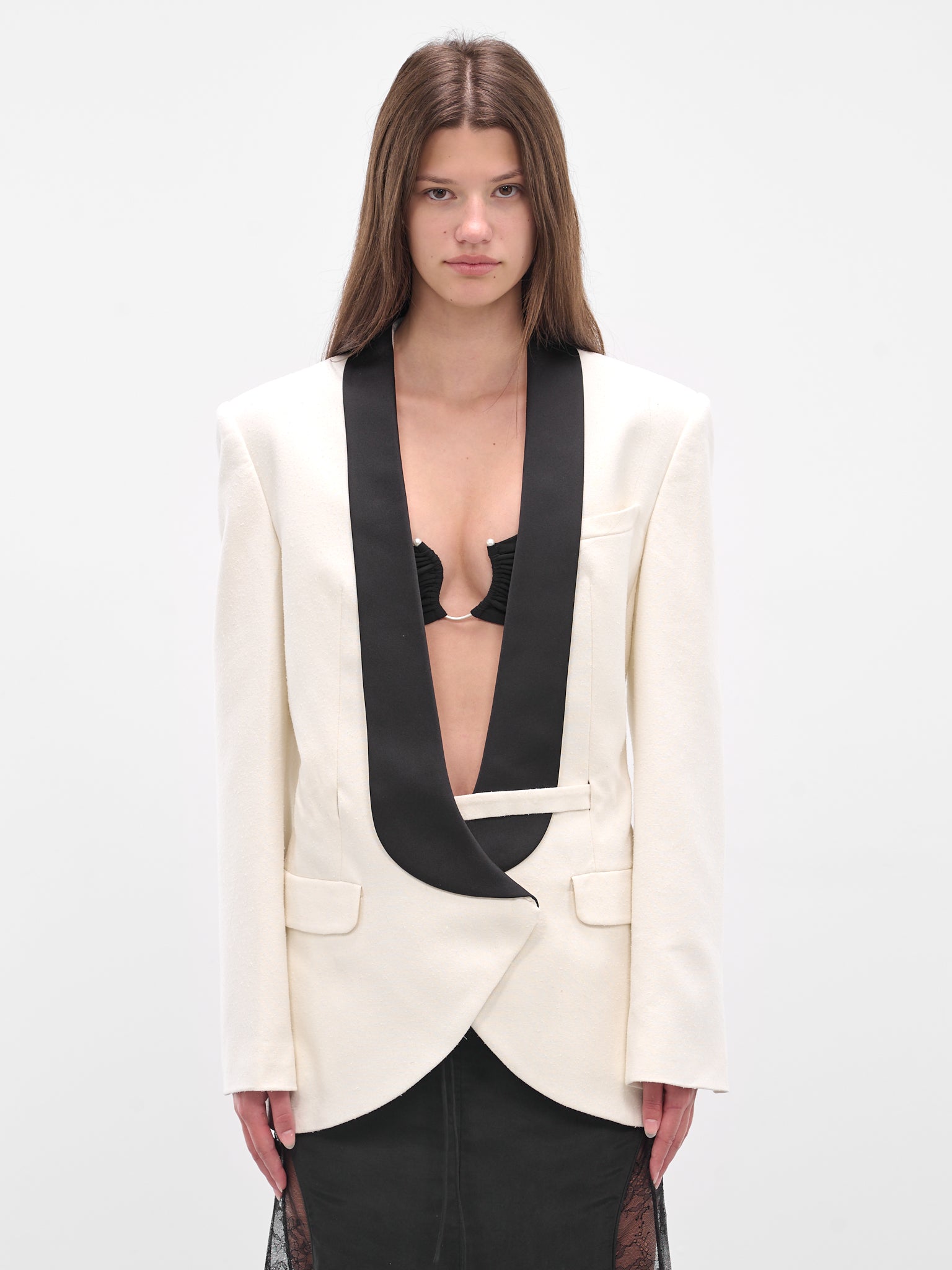 Tuxedo Contrast Silk Tailored Blazer (25026437-WHITE-BLACK)