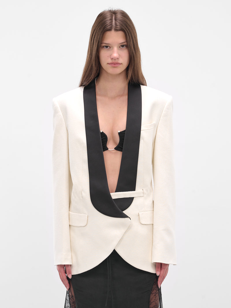 Tuxedo Contrast Silk Tailored Blazer (25026437-WHITE-BLACK)