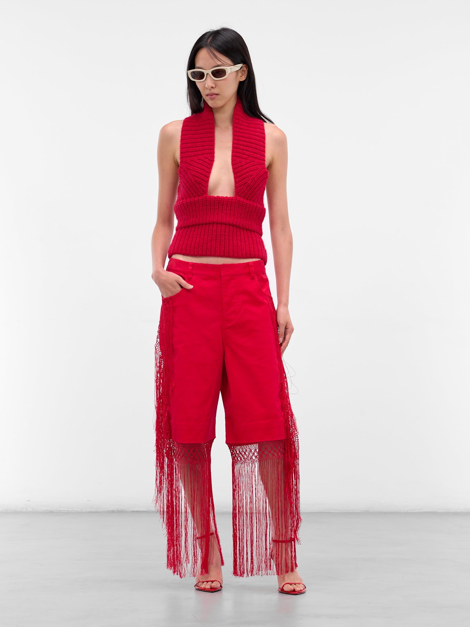 Red Macrame Fringed Corduroy Jeans (25035923-CRANBERRY)