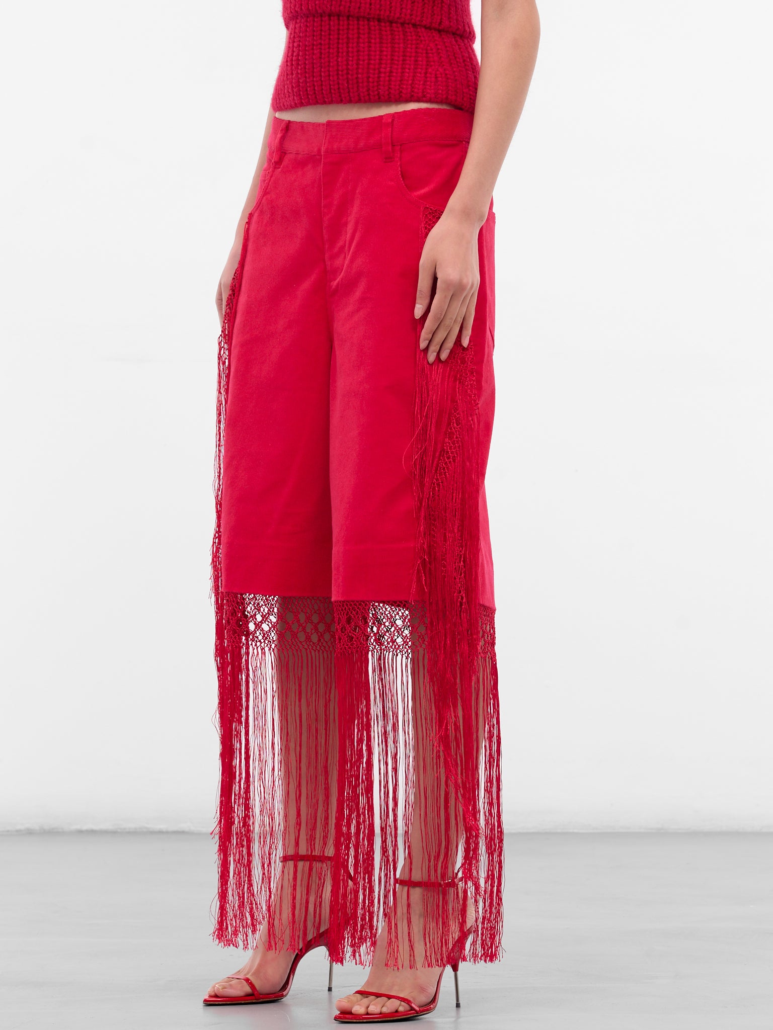 Red Macrame Fringed Corduroy Jeans (25035923-CRANBERRY)