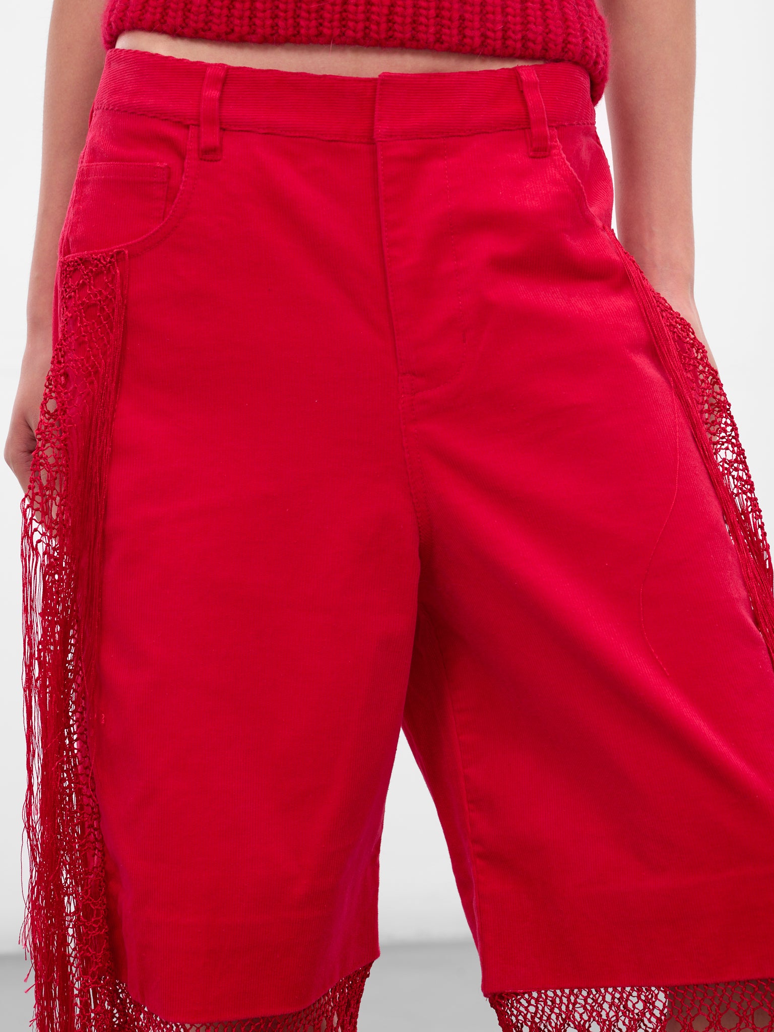 Red Macrame Fringed Corduroy Jeans (25035923-CRANBERRY)