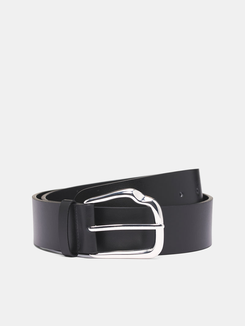 Black Leather Fender Buckle Belt (25038026-BLACK-SILVER)