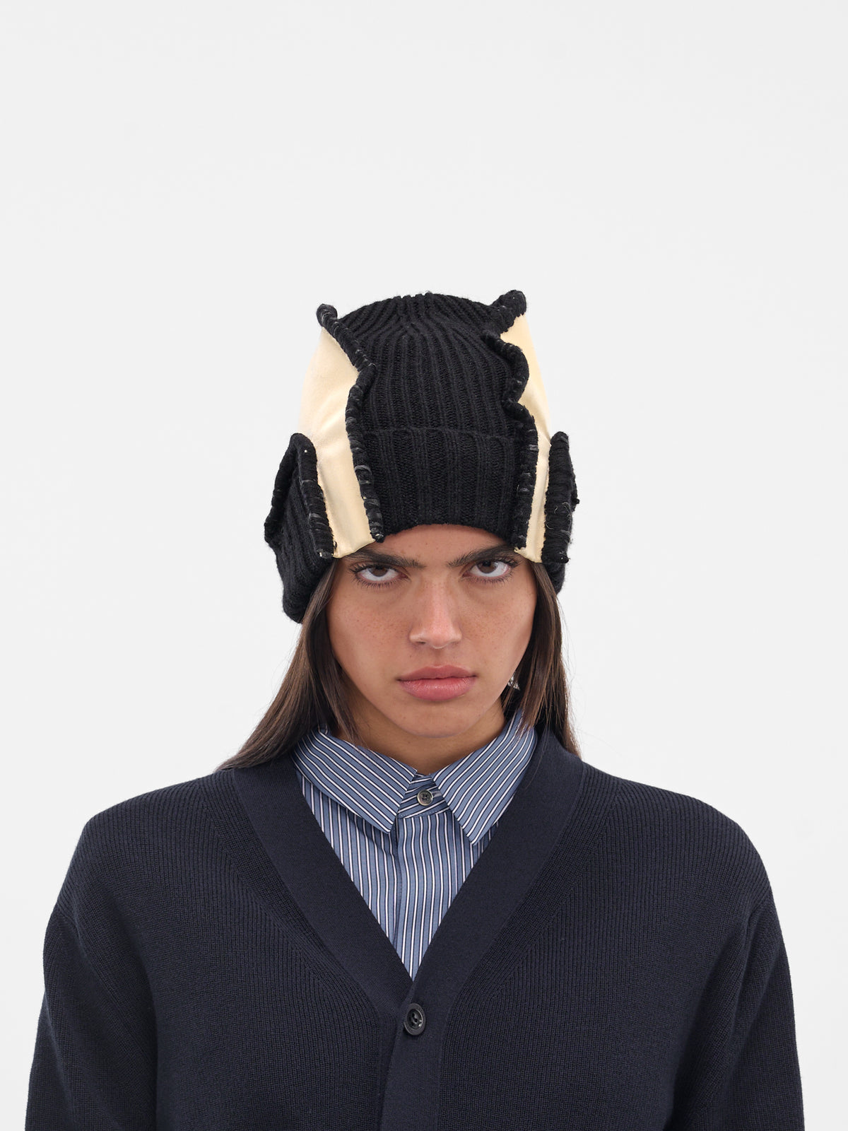 Black Deconstructed Satin Beanie (25038122-CUSTARD-BLACK)