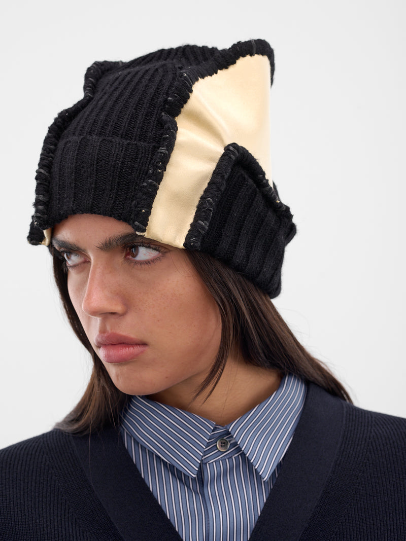 Black Deconstructed Satin Beanie (25038122-CUSTARD-BLACK)