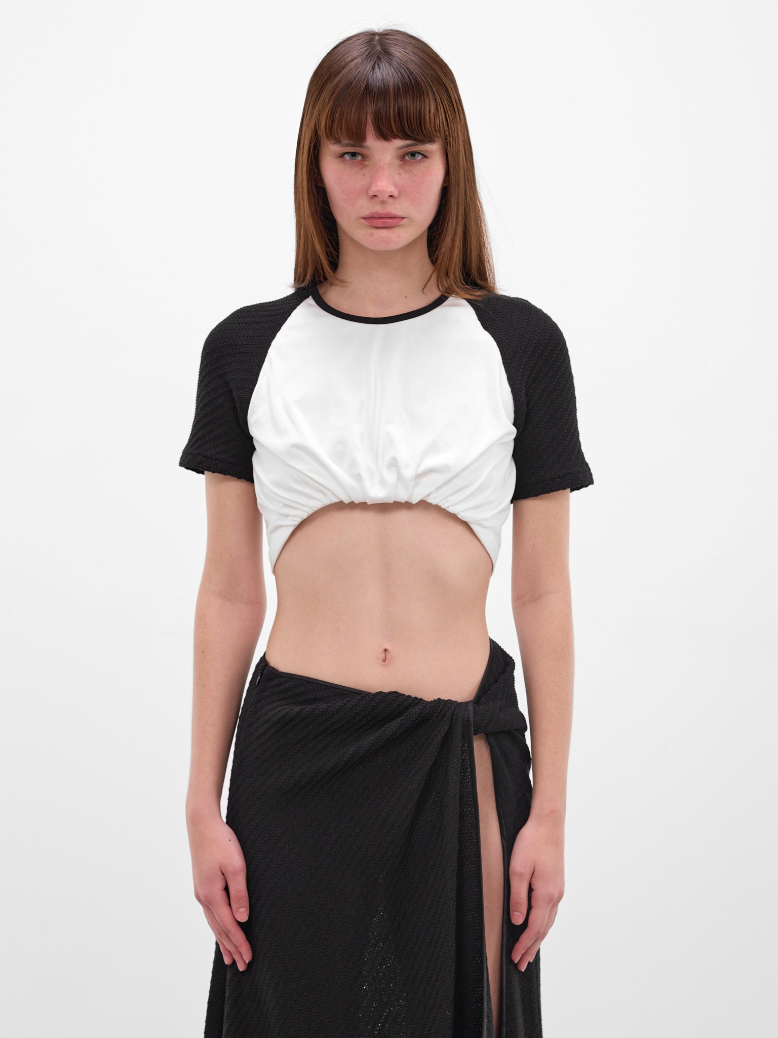 White Tucked Crop Ringer Tee (25041549-BLACK-WHITE)
